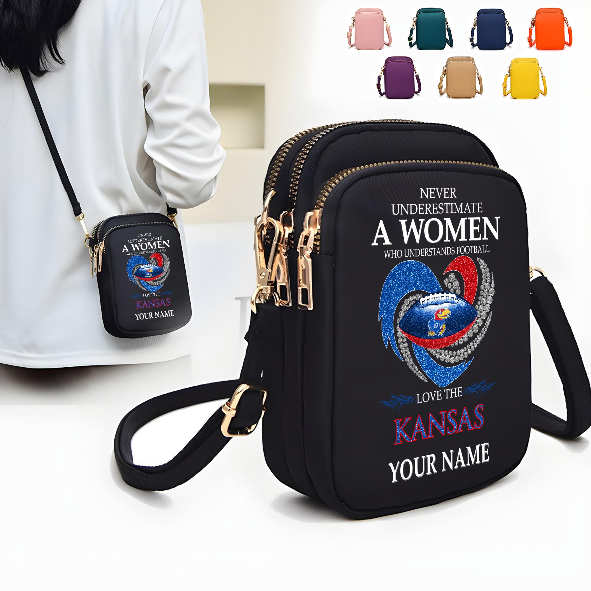 Kansas Jayhawks Women’s Mini Crossbody, Cell Phone Purse, Zipper Shoulder Bag Custom Your Name, Gifts For Football Lovers  EHIVM-62428