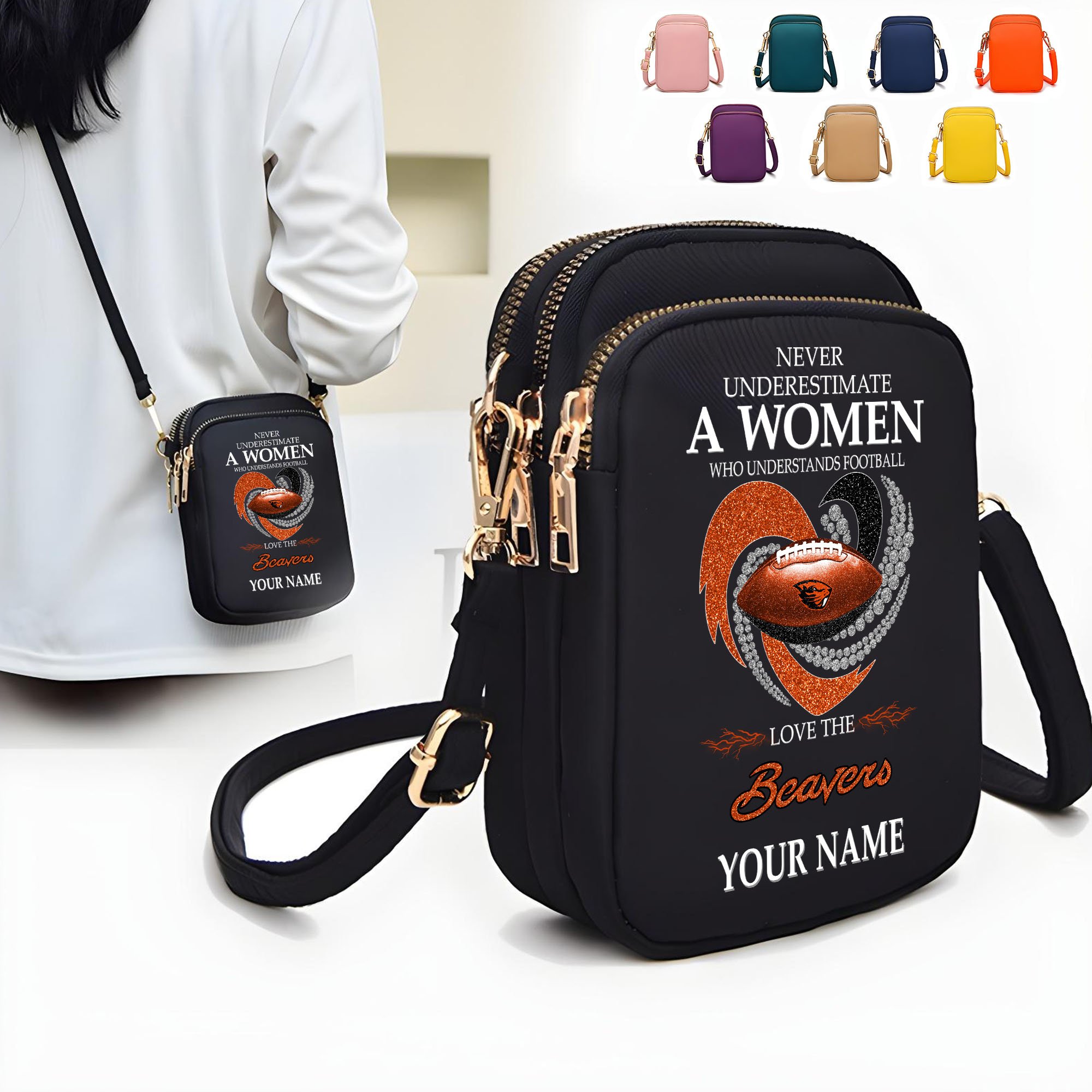 Oregon State Beavers Women’s Mini Crossbody, Cell Phone Purse, Zipper Shoulder Bag Custom Your Name, Gifts For Football Lovers  EHIVM-62428