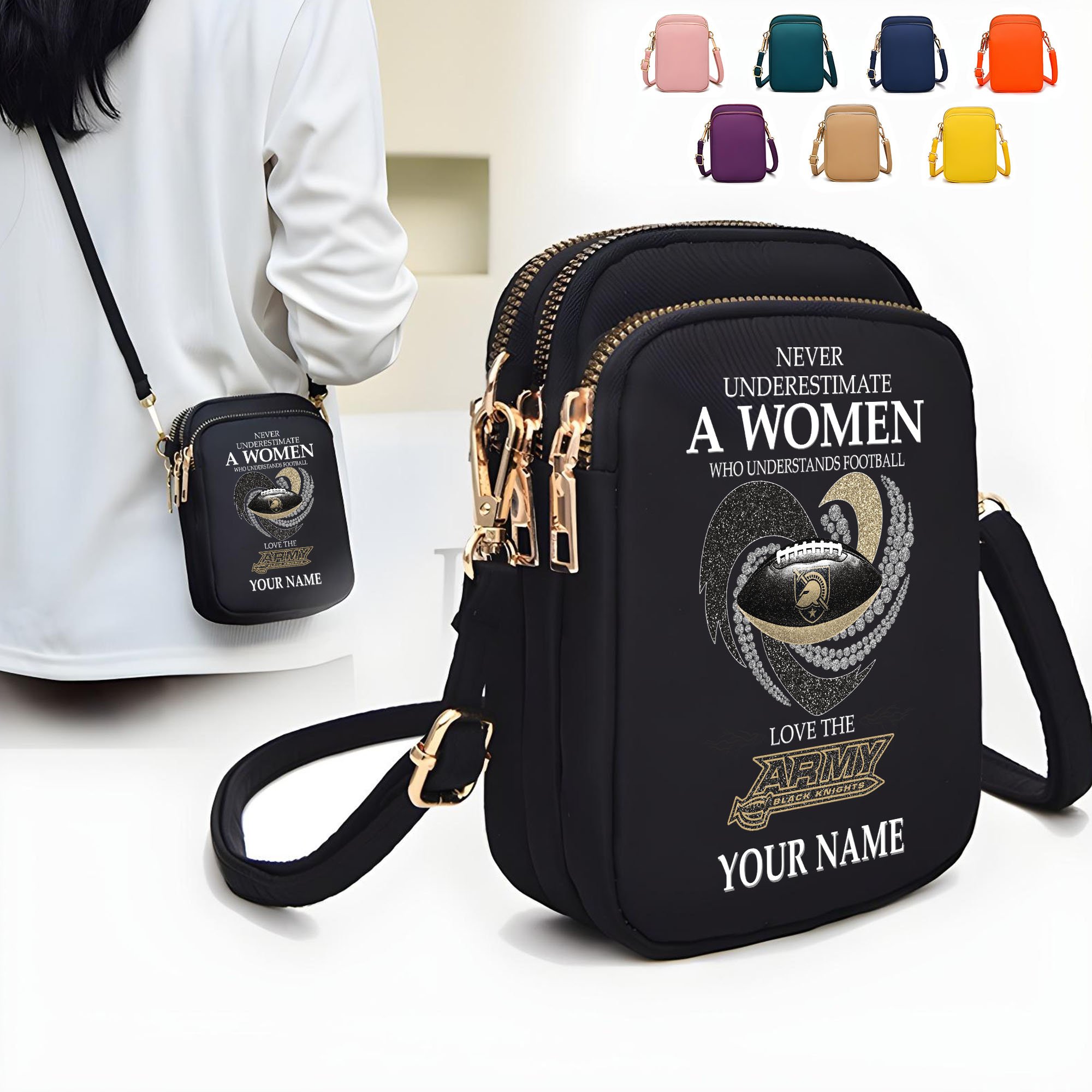 Army Black Knights Women’s Mini Crossbody, Cell Phone Purse, Zipper Shoulder Bag Custom Your Name, Gifts For Football Lovers  EHIVM-62428