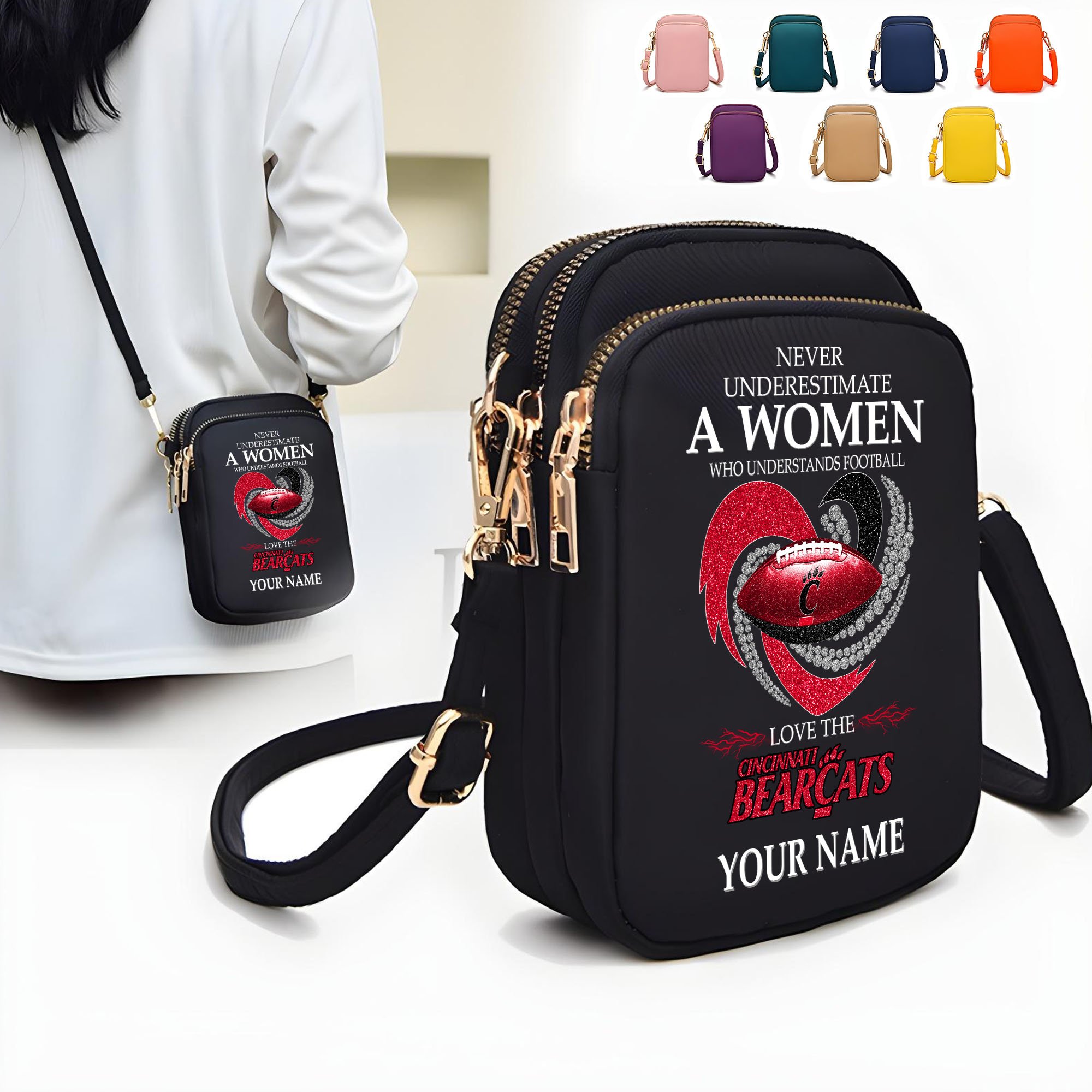 Cincinnati Bearcats Women’s Mini Crossbody, Cell Phone Purse, Zipper Shoulder Bag Custom Your Name, Gifts For Football Lovers  EHIVM-62428