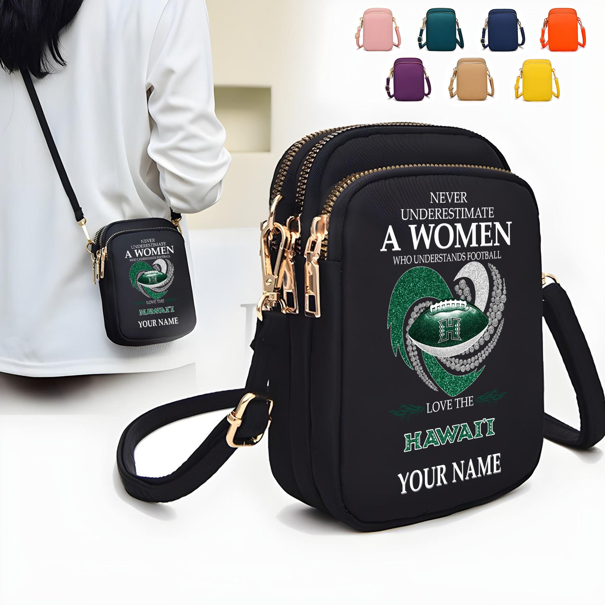 Hawaii Rainbow Warriors Women’s Mini Crossbody, Cell Phone Purse, Zipper Shoulder Bag Custom Your Name, Gifts For Football Lovers  EHIVM-62428