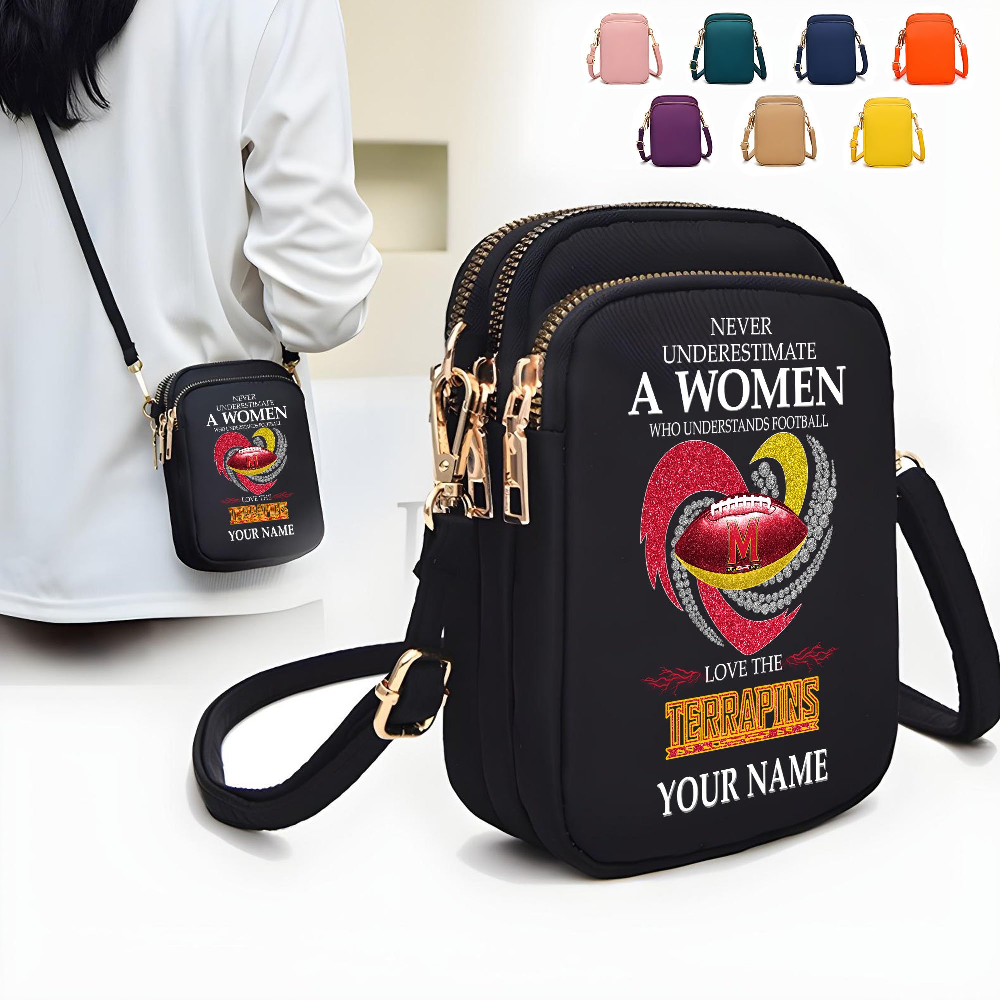 Maryland Terrapins Women’s Mini Crossbody, Cell Phone Purse, Zipper Shoulder Bag Custom Your Name, Gifts For Football Lovers  EHIVM-62428