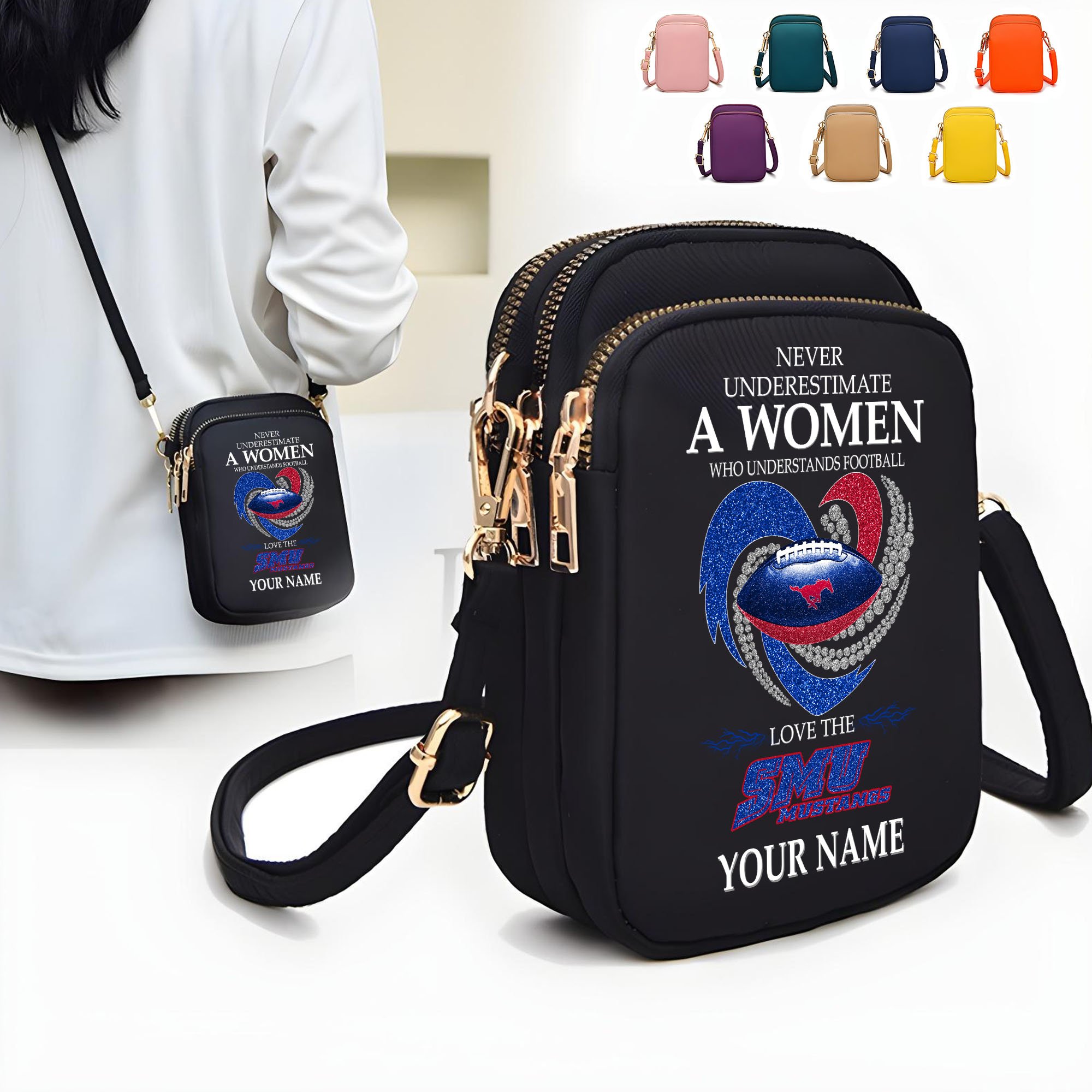 SMU Mustangs Women’s Mini Crossbody, Cell Phone Purse, Zipper Shoulder Bag Custom Your Name, Gifts For Football Lovers  EHIVM-62428