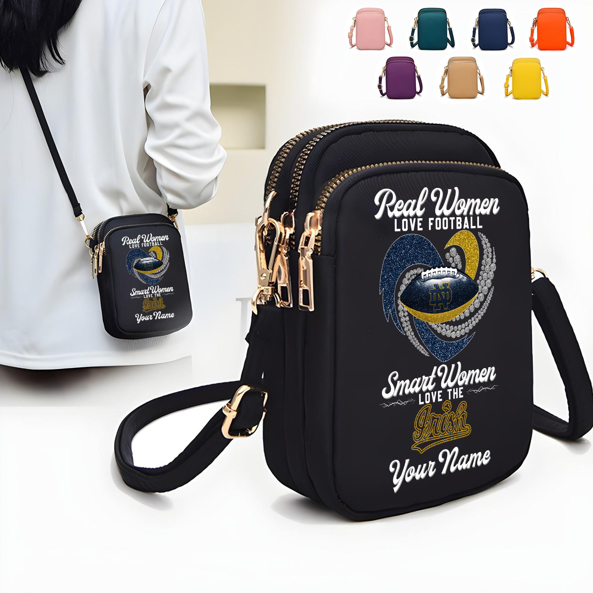 Notre Dame Fighting Irish Women’s Mini Crossbody, Cell Phone Purse, Zipper Shoulder Bag Custom Your Name, Gifts For Football Lovers EHIVM-62445