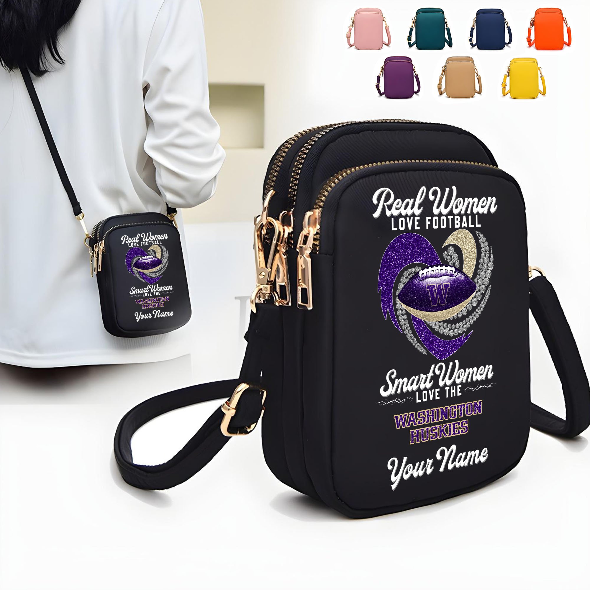 Washington Huskies Women’s Mini Crossbody, Cell Phone Purse, Zipper Shoulder Bag Custom Your Name, Gifts For Football Lovers EHIVM-62445