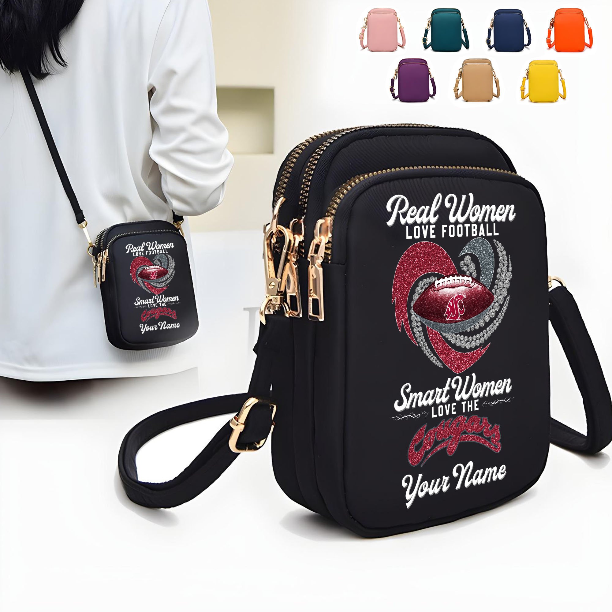 Washington State Cougars Women’s Mini Crossbody, Cell Phone Purse, Zipper Shoulder Bag Custom Your Name, Gifts For Football Lovers EHIVM-62445