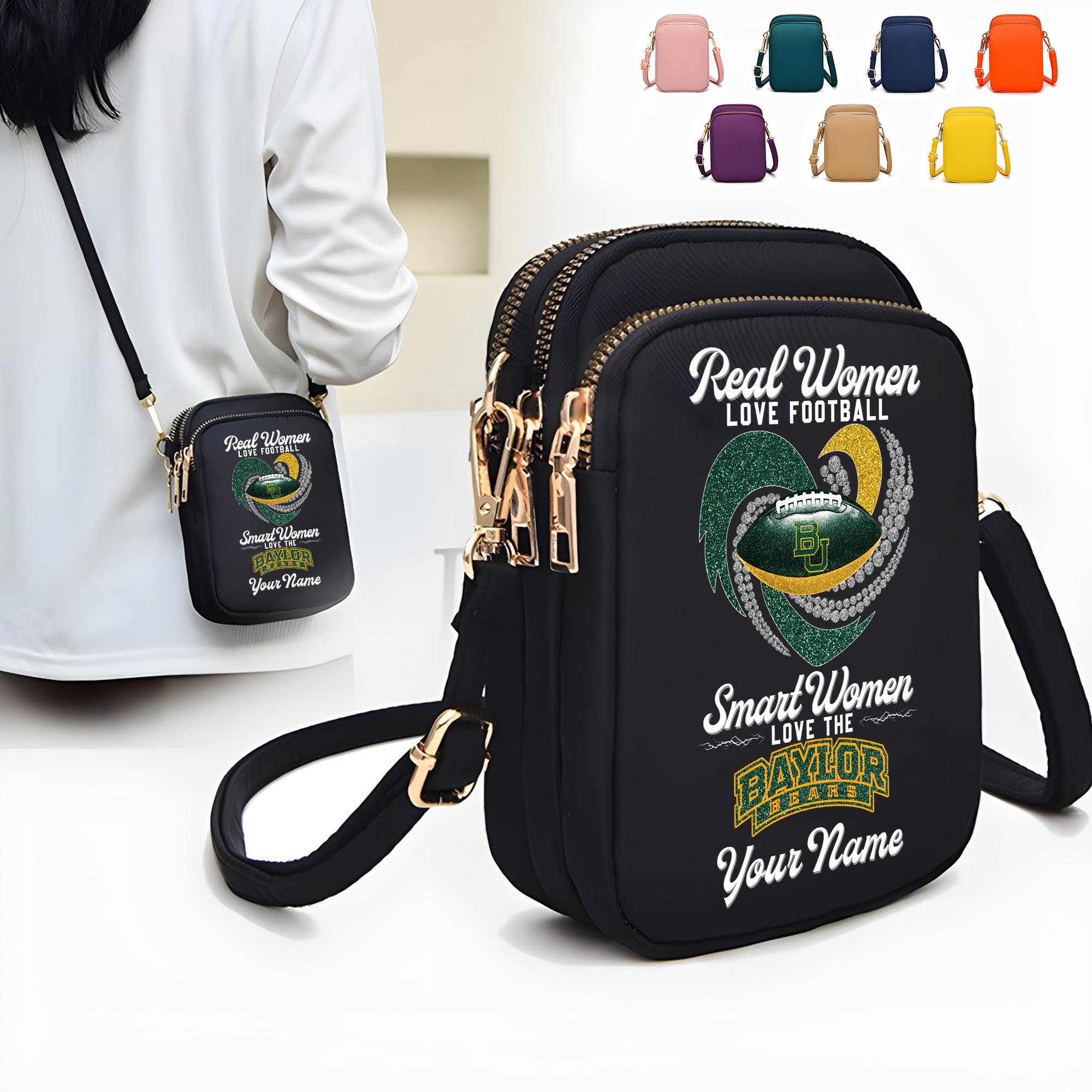 Baylor Bears Women’s Mini Crossbody, Cell Phone Purse, Zipper Shoulder Bag Custom Your Name, Gifts For Football Lovers EHIVM-62445