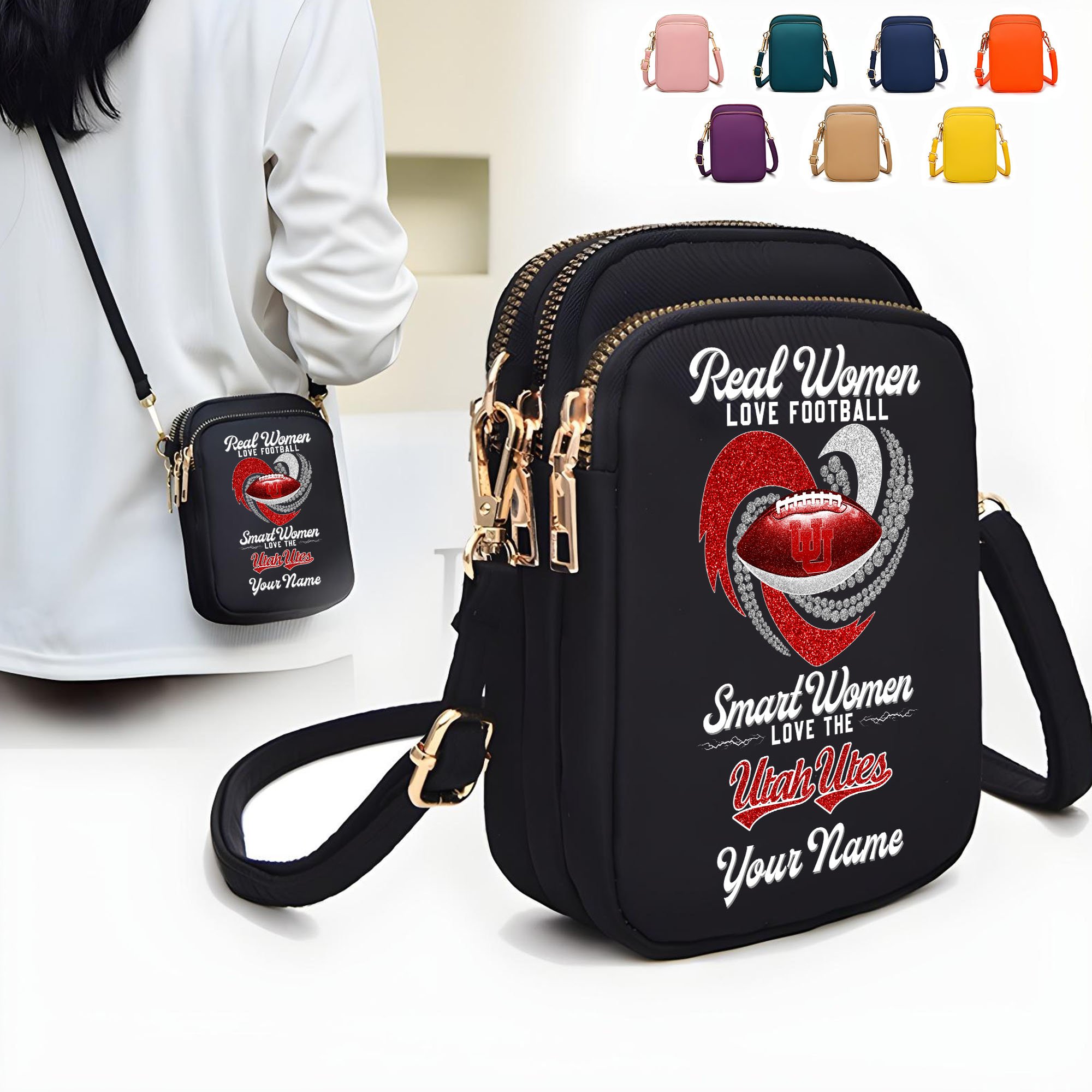 Utah Utes Women’s Mini Crossbody, Cell Phone Purse, Zipper Shoulder Bag Custom Your Name, Gifts For Football Lovers EHIVM-62445