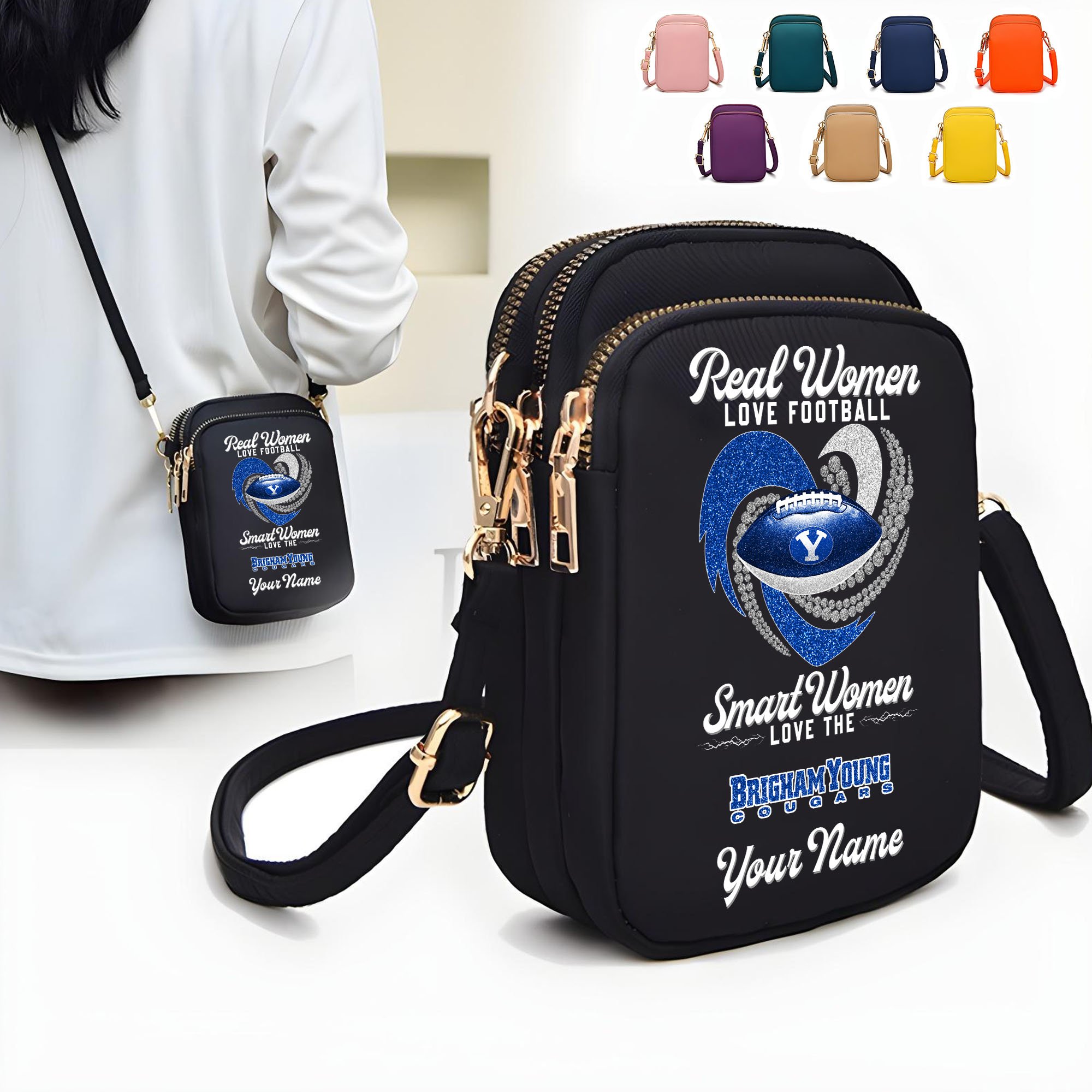 BYU Cougars Women’s Mini Crossbody, Cell Phone Purse, Zipper Shoulder Bag Custom Your Name, Gifts For Football Lovers EHIVM-62445