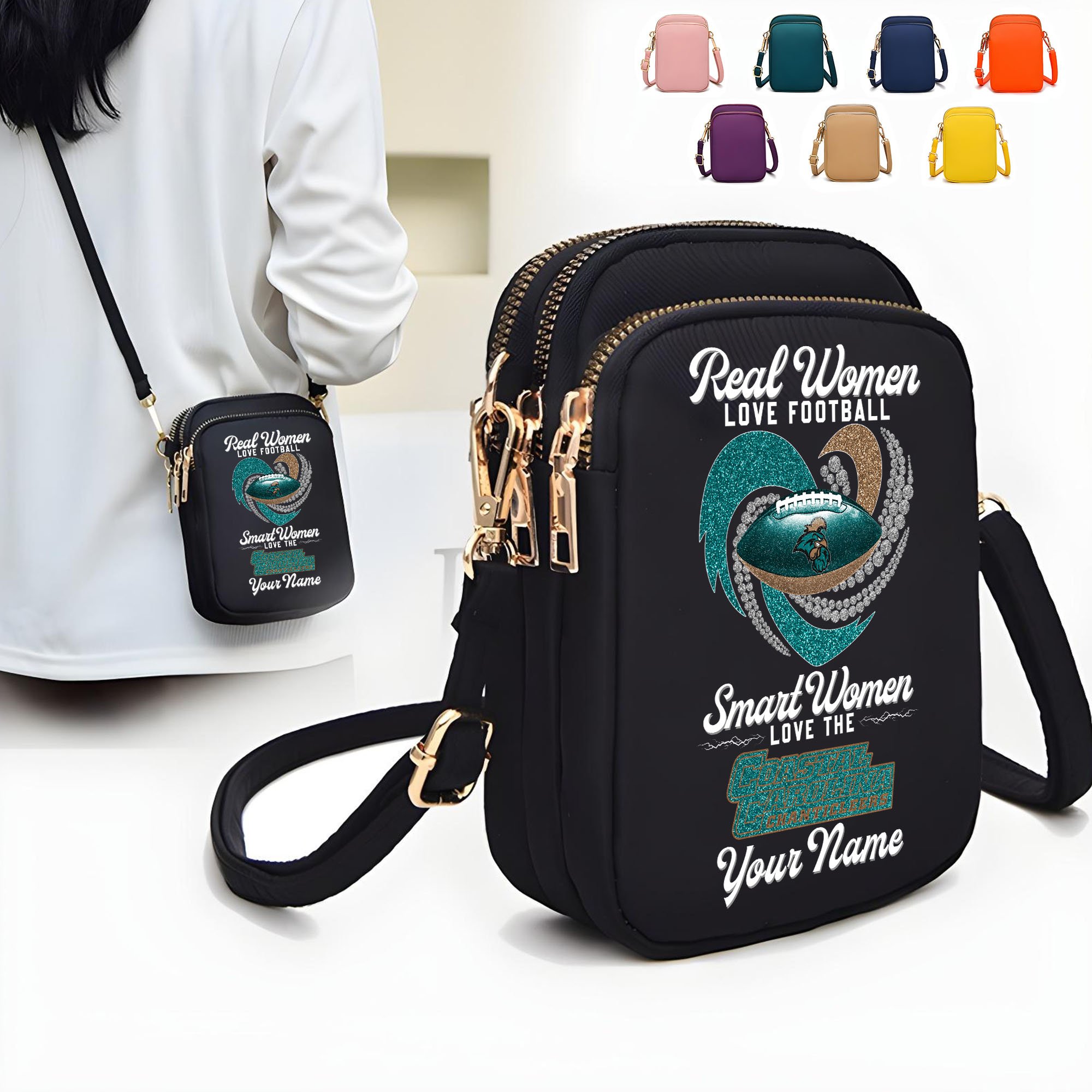 Coastal Carolina Chanticleers Women’s Mini Crossbody, Cell Phone Purse, Zipper Shoulder Bag Custom Your Name, Gifts For Football Lovers EHIVM-62445