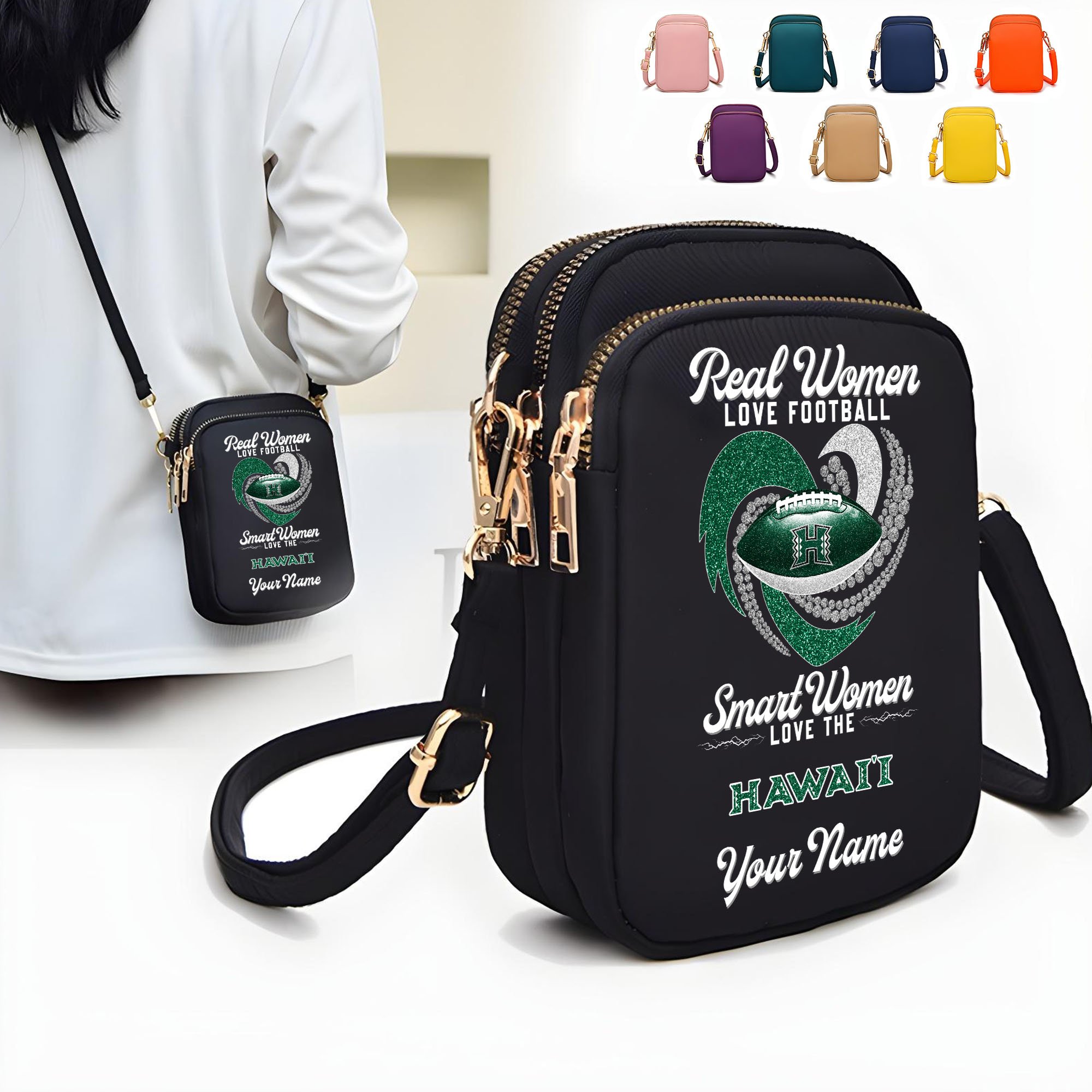 Hawaii Rainbow Warriors Women’s Mini Crossbody, Cell Phone Purse, Zipper Shoulder Bag Custom Your Name, Gifts For Football Lovers EHIVM-62445