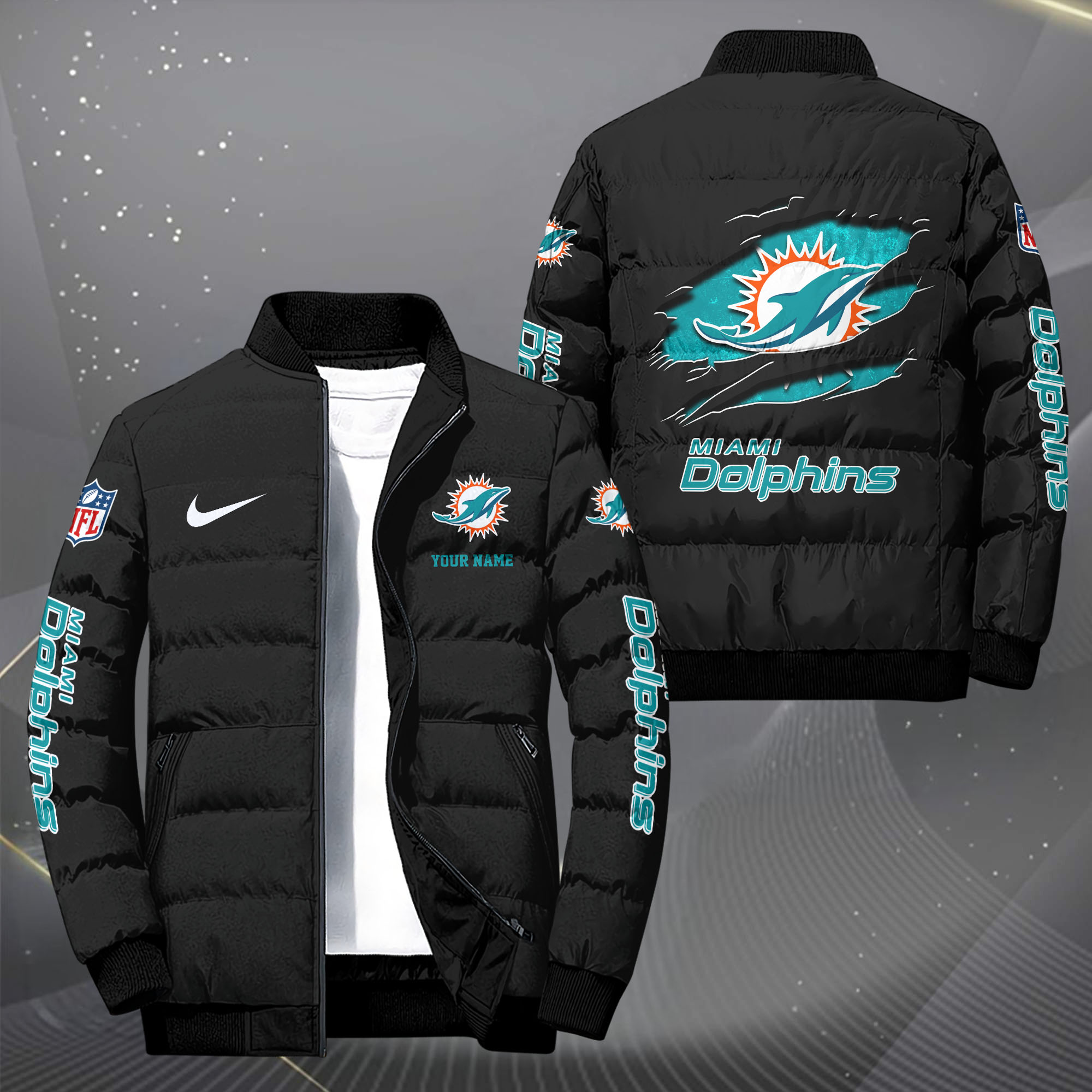 Miami Dolphins Puffer Jacket Custom Your Name 2024  versions, Sport Jacket, FootBall Fan Gifts EHIVM-62479