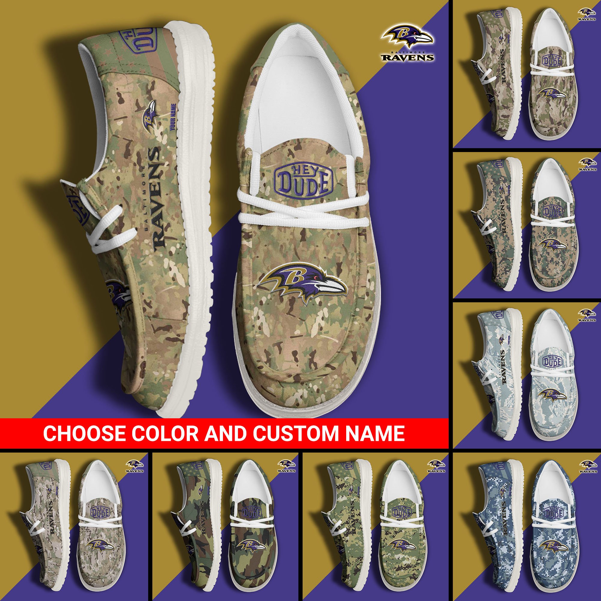 Baltimore Ravens Football Hey Dude Canvas Loafer Shoes Custom Your Name And Choose Your Camo 2024 version, Sport Shoes For Fan, Fan Gifts EHIVM-61145