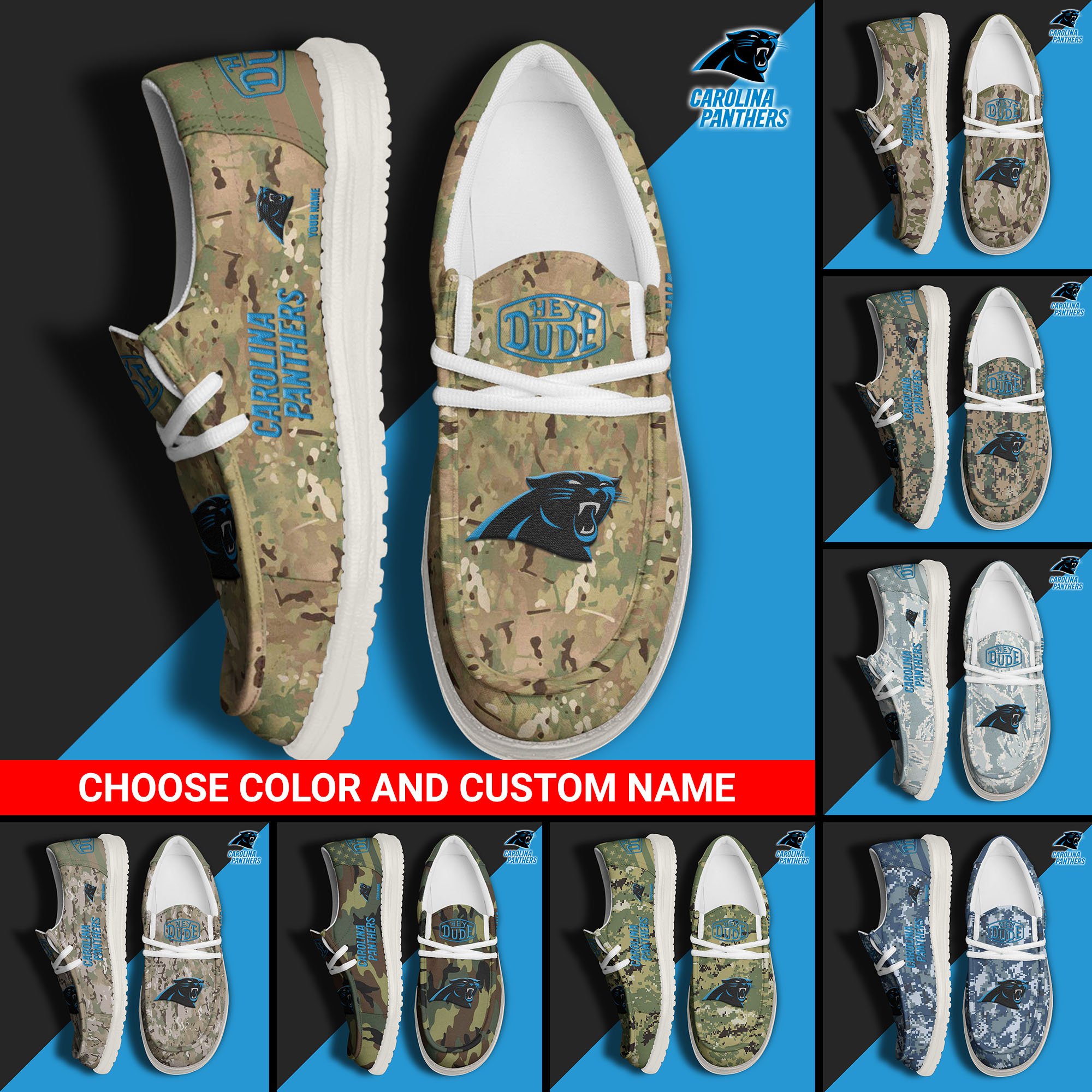 Carolina Panthers Football Hey Dude Canvas Loafer Shoes Custom Your Name And Choose Your Camo 2024 version, Sport Shoes For Fan, Fan Gifts EHIVM-61145