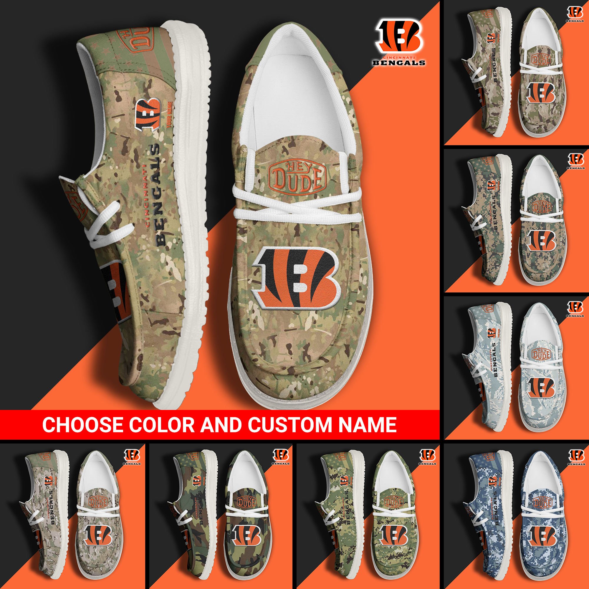 Cincinnati Bengals Football Hey Dude Canvas Loafer Shoes Custom Your Name And Choose Your Camo 2024 version, Sport Shoes For Fan, Fan Gifts EHIVM-61145