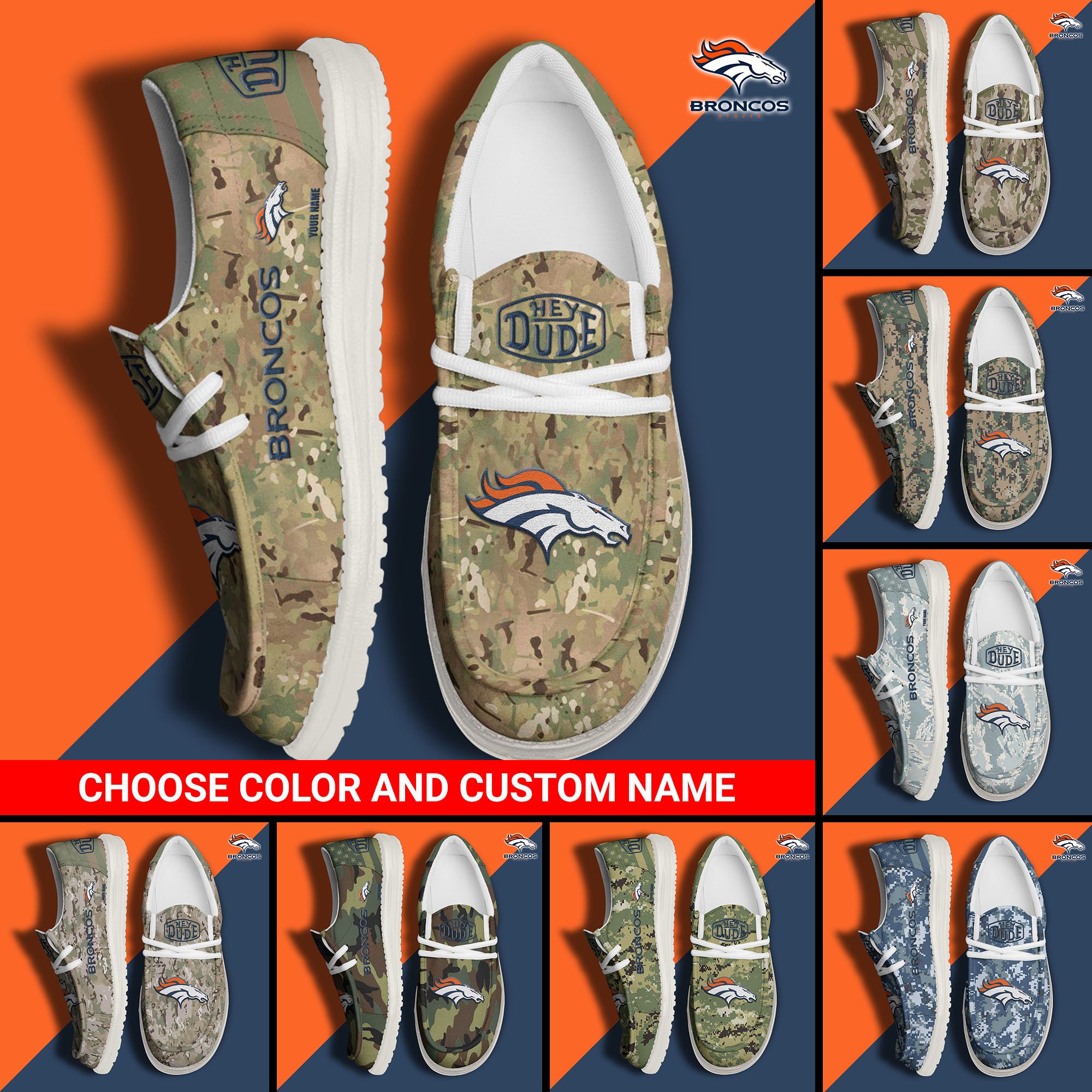 Denver Broncos Football Hey Dude Canvas Loafer Shoes Custom Your Name And Choose Your Camo 2024 version, Sport Shoes For Fan, Fan Gifts EHIVM-61145