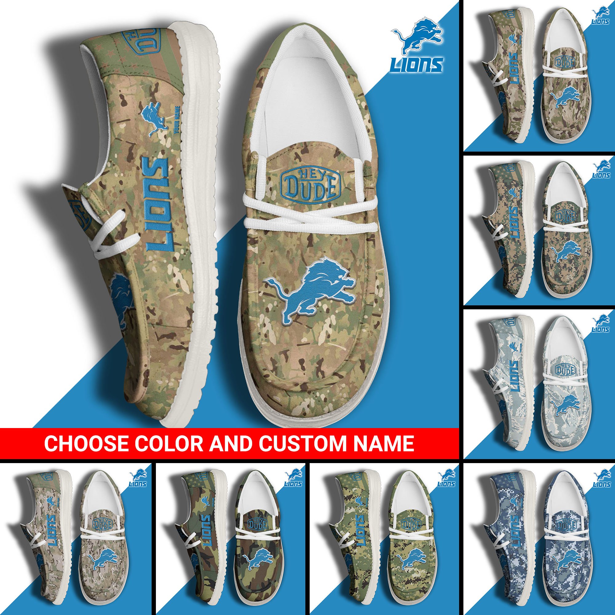 Detroit Lions Football Hey Dude Canvas Loafer Shoes Custom Your Name And Choose Your Camo 2024 version, Sport Shoes For Fan, Fan Gifts EHIVM-61145