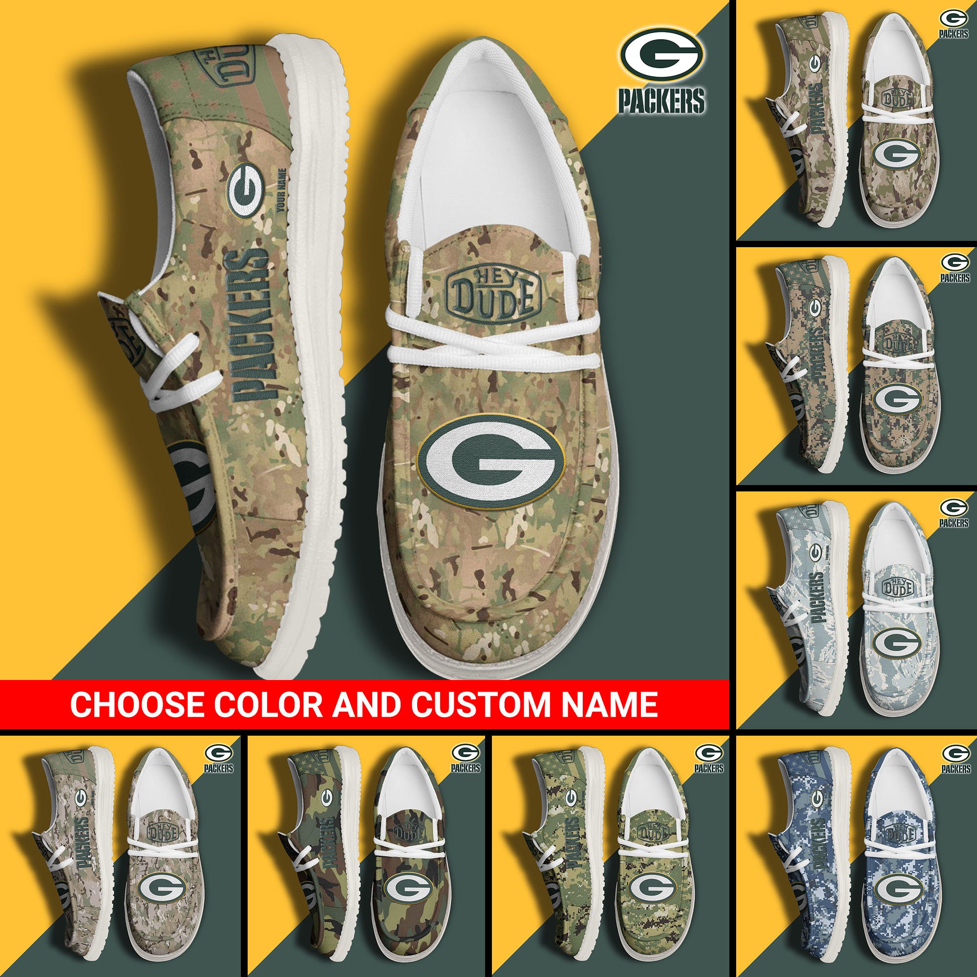 Green Bay Packers Football Hey Dude Canvas Loafer Shoes Custom Your Name And Choose Your Camo 2024 version, Sport Shoes For Fan, Fan Gifts EHIVM-61145