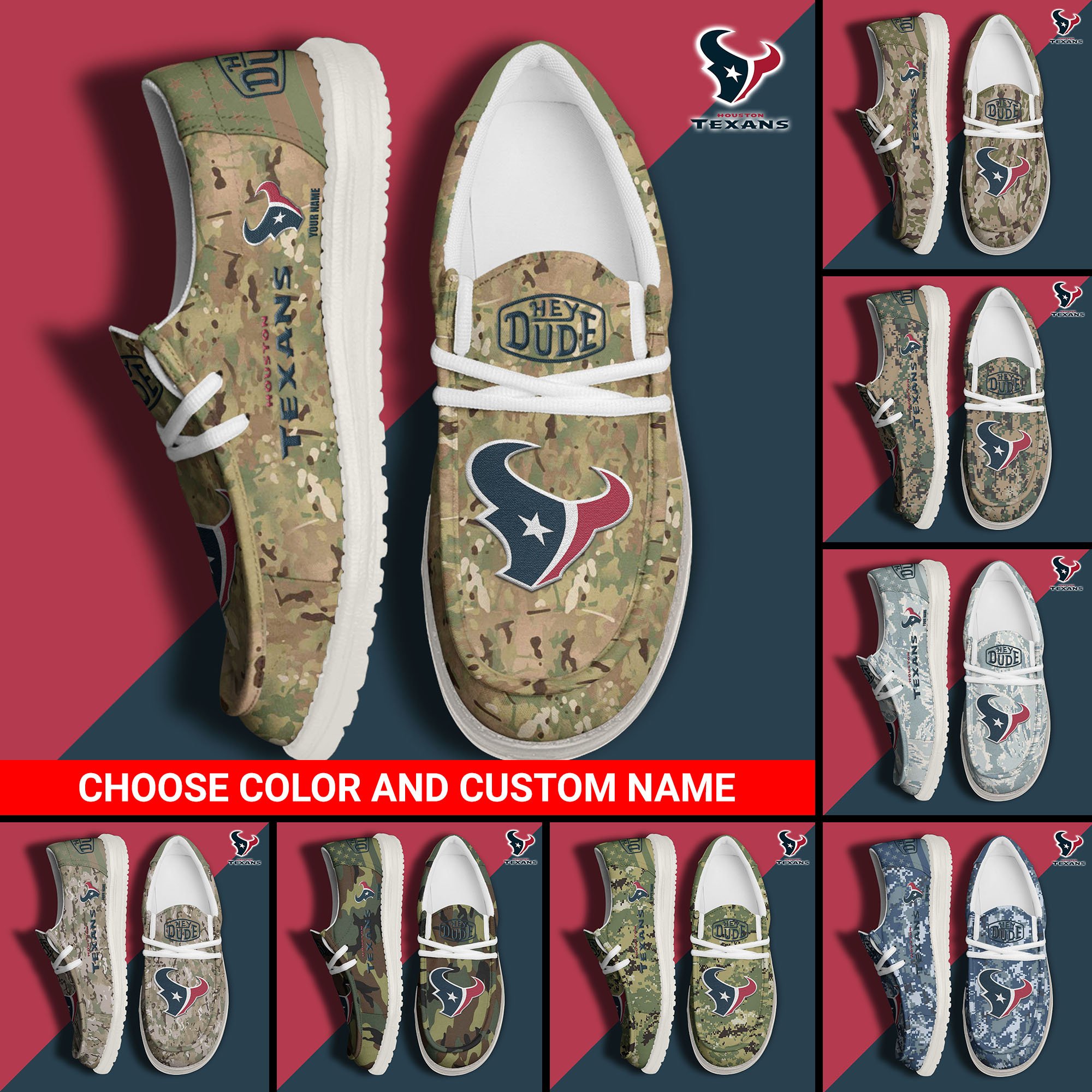 Houston Texans Football Hey Dude Canvas Loafer Shoes Custom Your Name And Choose Your Camo 2024 version, Sport Shoes For Fan, Fan Gifts EHIVM-61145