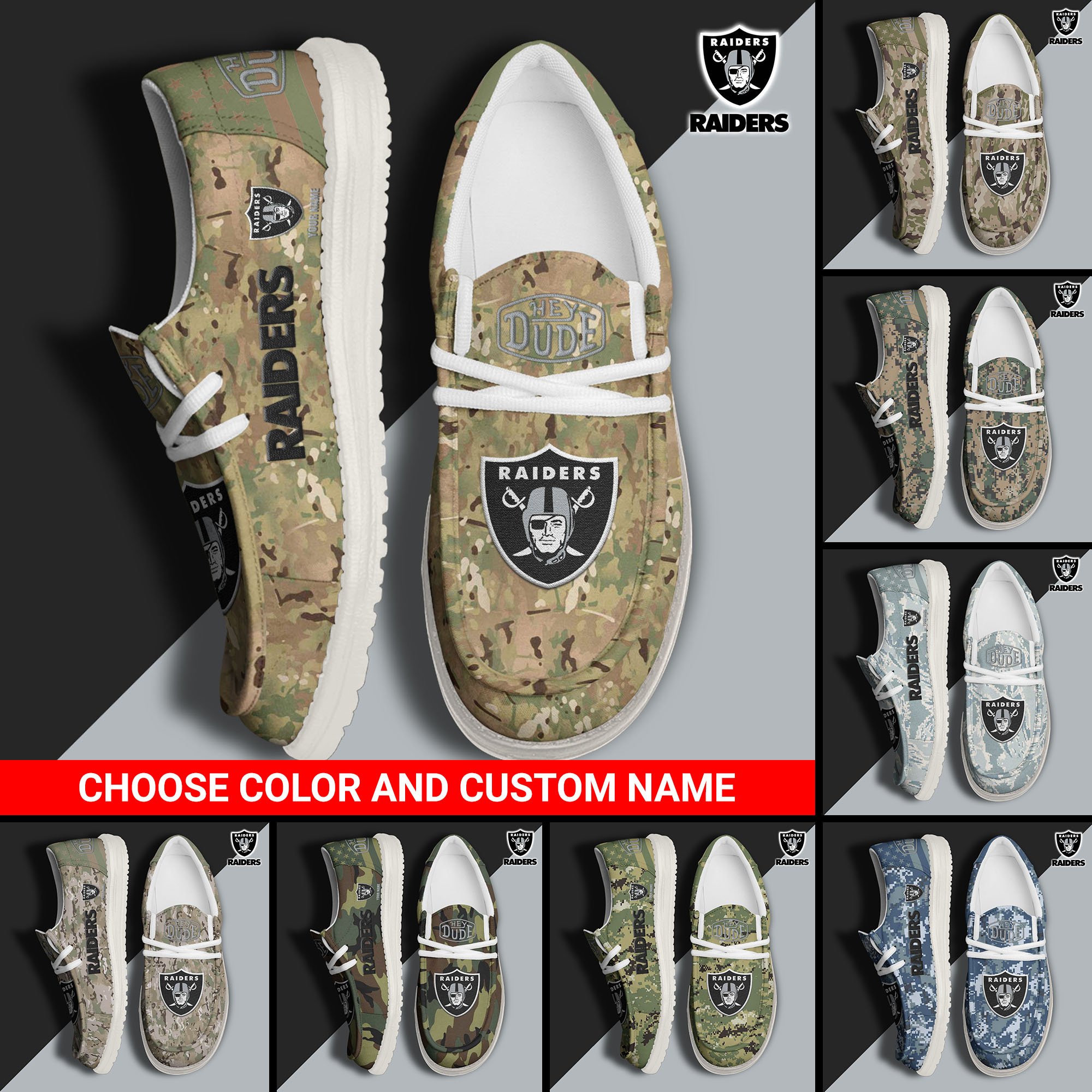 Las Vegas Raiders Football Hey Dude Canvas Loafer Shoes Custom Your Name And Choose Your Camo 2024 version, Sport Shoes For Fan, Fan Gifts EHIVM-61145