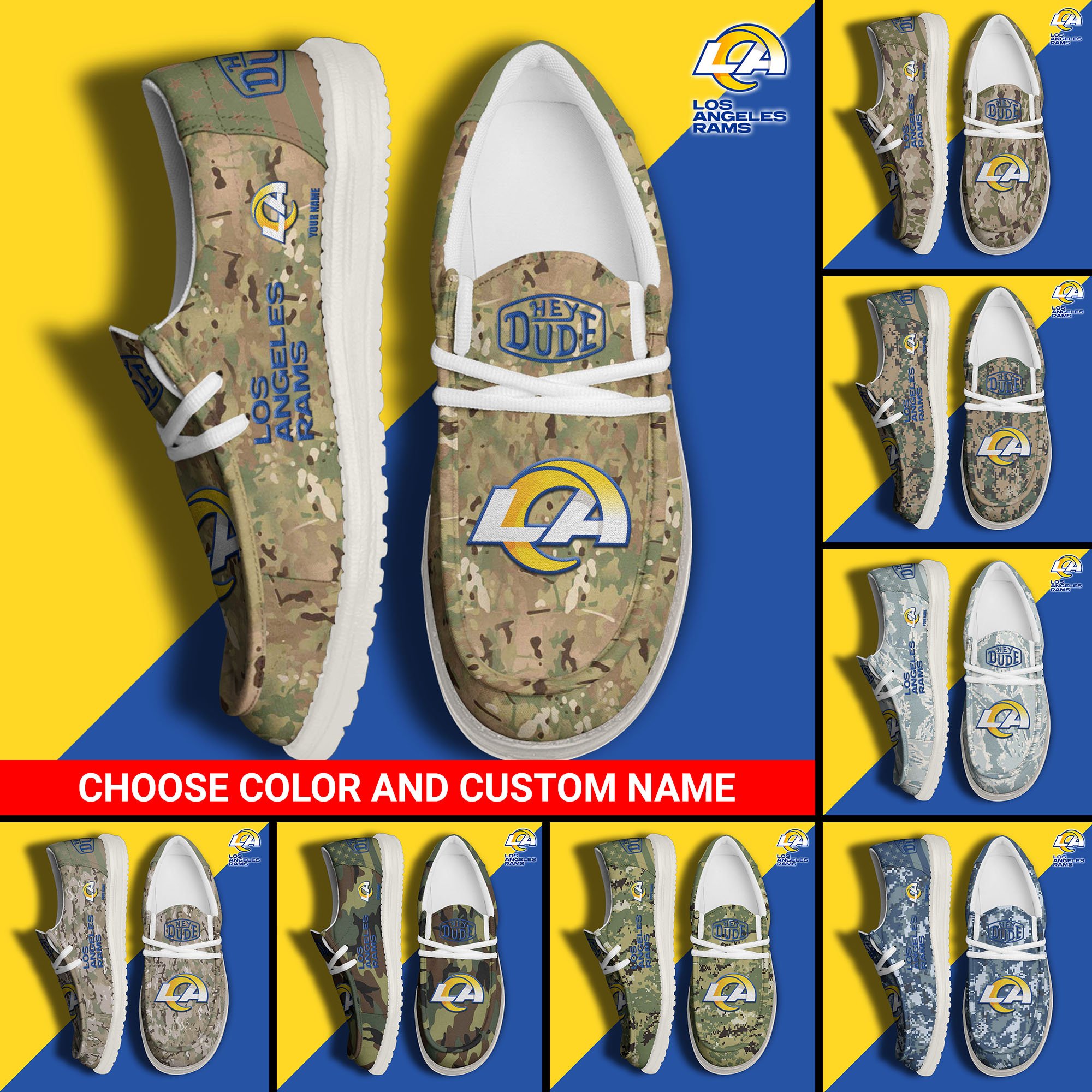 Los Angeles Rams Football Hey Dude Canvas Loafer Shoes Custom Your Name And Choose Your Camo 2024 version, Sport Shoes For Fan, Fan Gifts EHIVM-61145