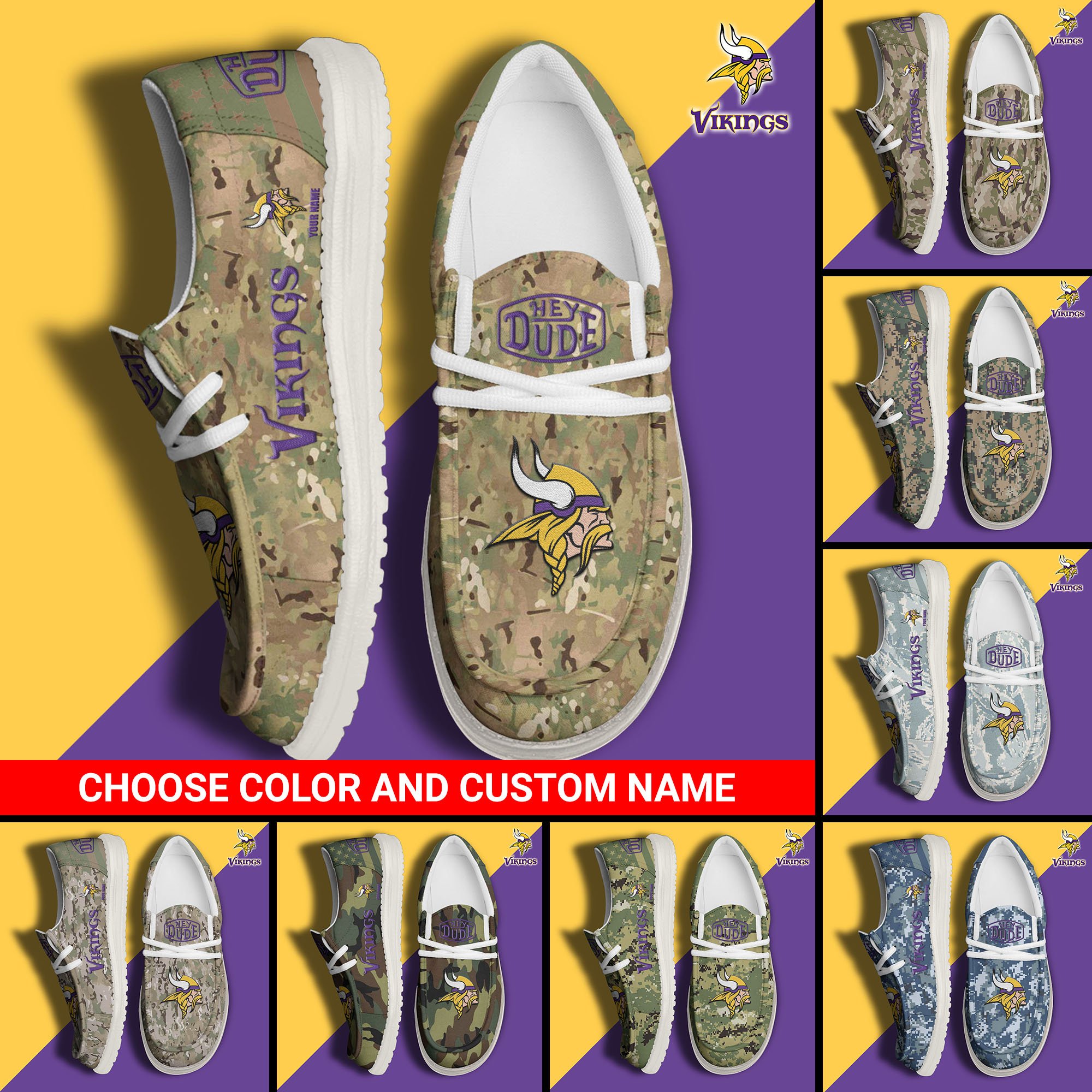 Minnesota Vikings Football Hey Dude Canvas Loafer Shoes Custom Your Name And Choose Your Camo 2024 version, Sport Shoes For Fan, Fan Gifts EHIVM-61145