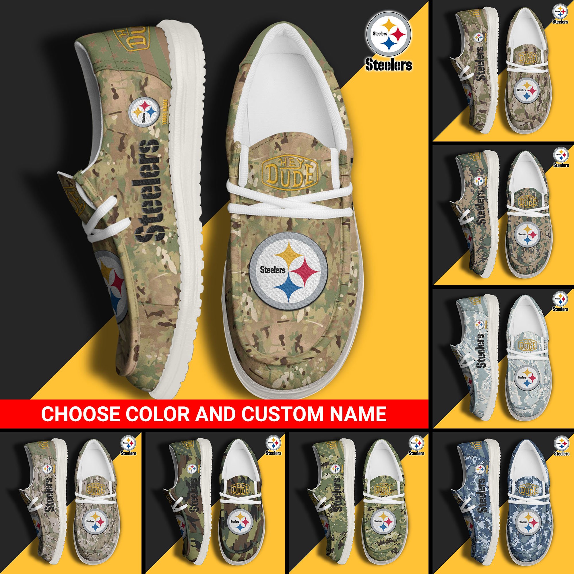 Pittsburgh Steelers Football Hey Dude Canvas Loafer Shoes Custom Your Name And Choose Your Camo 2024 version, Sport Shoes For Fan, Fan Gifts EHIVM-61145