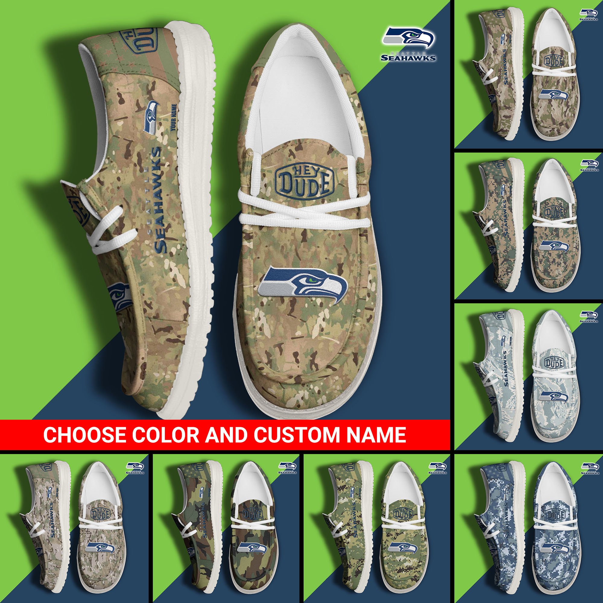 Seattle Seahawks Football Hey Dude Canvas Loafer Shoes Custom Your Name And Choose Your Camo 2024 version, Sport Shoes For Fan, Fan Gifts EHIVM-61145