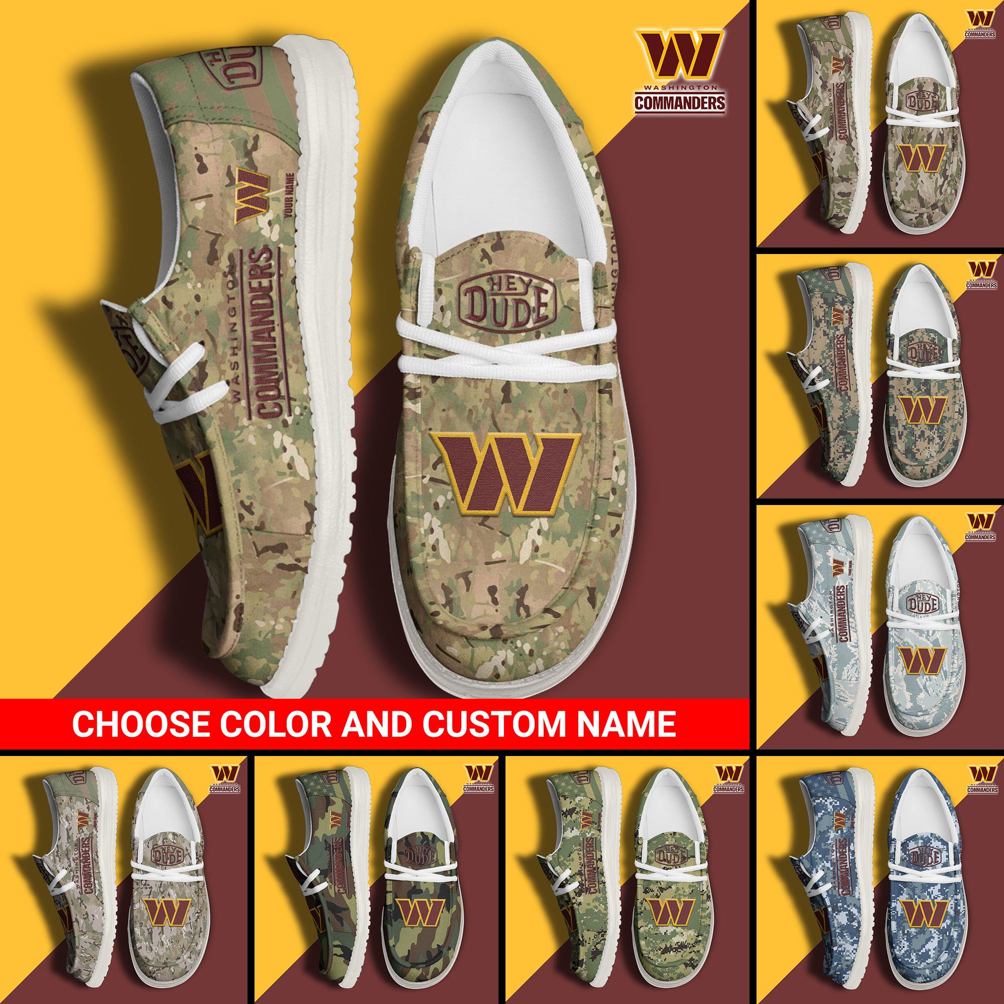 Washington Commanders Football Hey Dude Canvas Loafer Shoes Custom Your Name And Choose Your Camo 2024 version, Sport Shoes For Fan, Fan Gifts EHIVM-61145