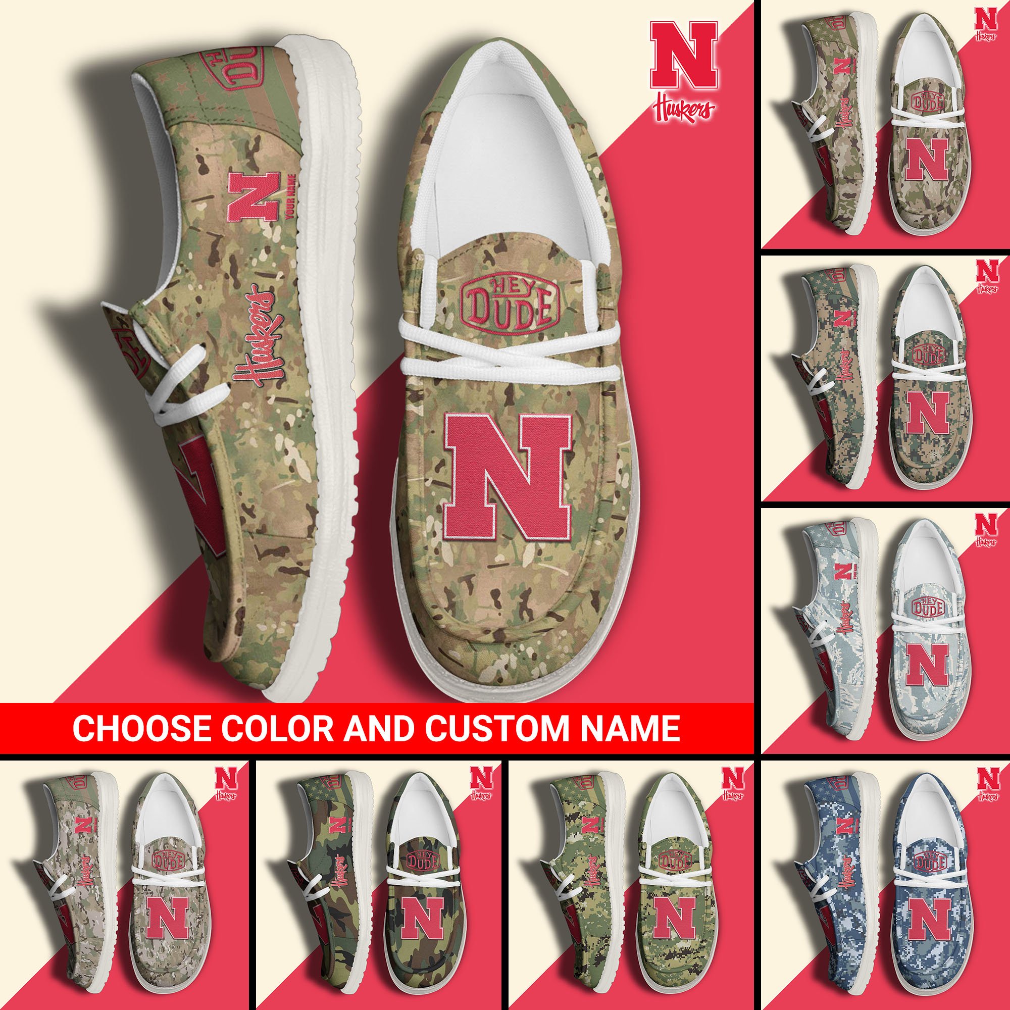 Nebraska Cornhuskers Football Hey Dude Canvas Loafer Shoes Custom Your Name And Choose Your Camo 2024 version, Sport Shoes For Fan, Fan Gifts  EHIVM-61210