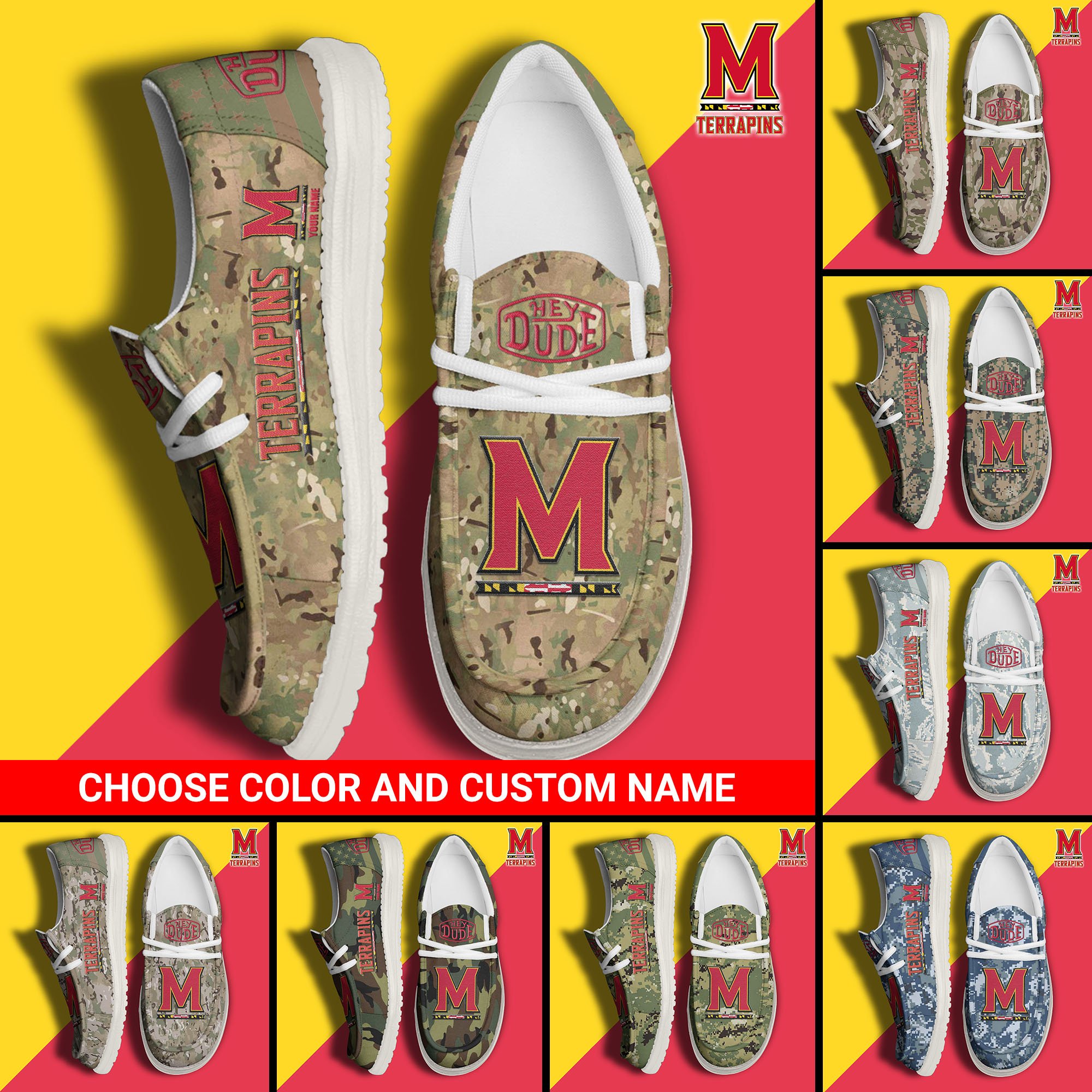 Maryland Terrapins Football Hey Dude Canvas Loafer Shoes Custom Your Name And Choose Your Camo 2024 version, Sport Shoes For Fan, Fan Gifts  EHIVM-61210