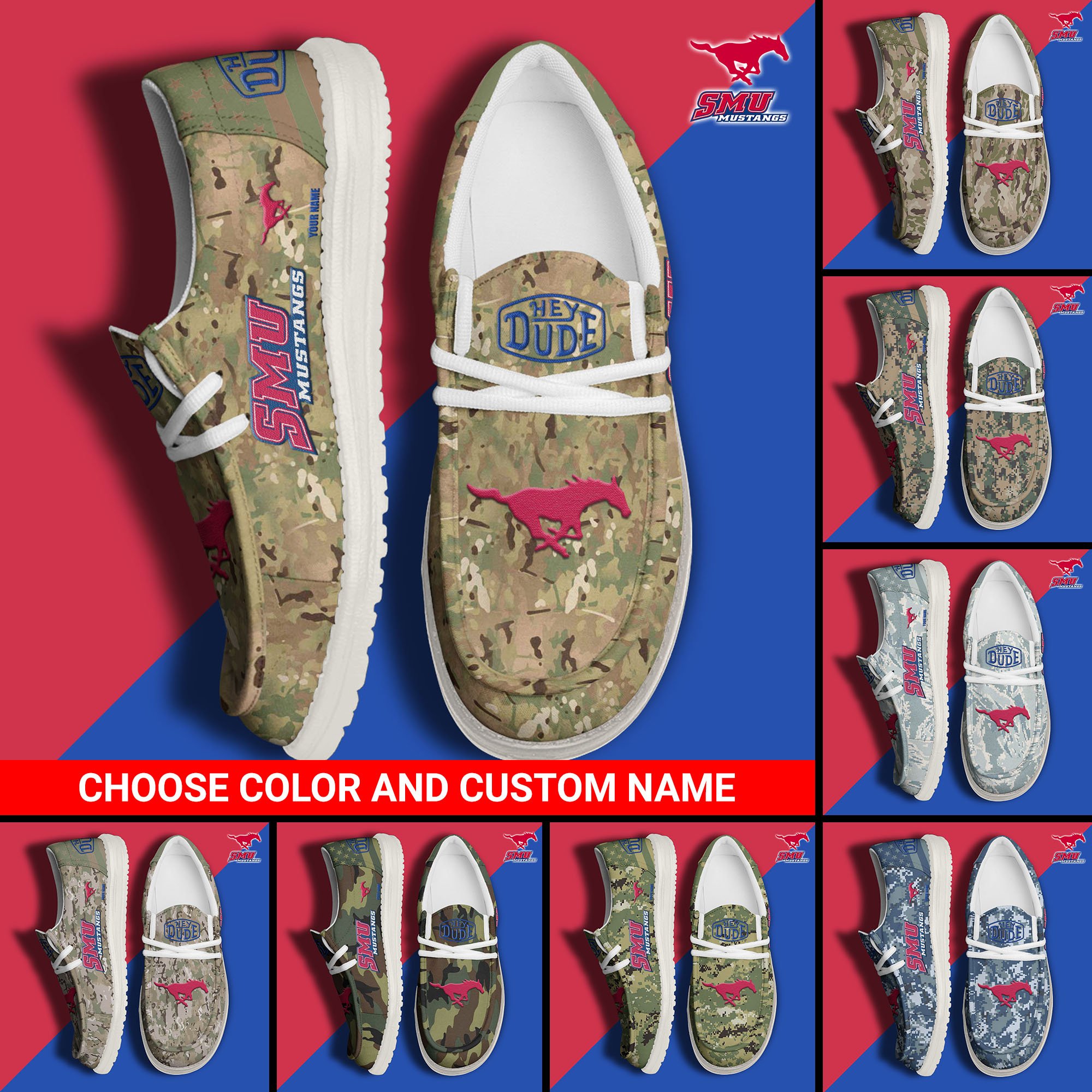 SMU Mustangs Football Hey Dude Canvas Loafer Shoes Custom Your Name And Choose Your Camo 2024 version, Sport Shoes For Fan, Fan Gifts  EHIVM-61210