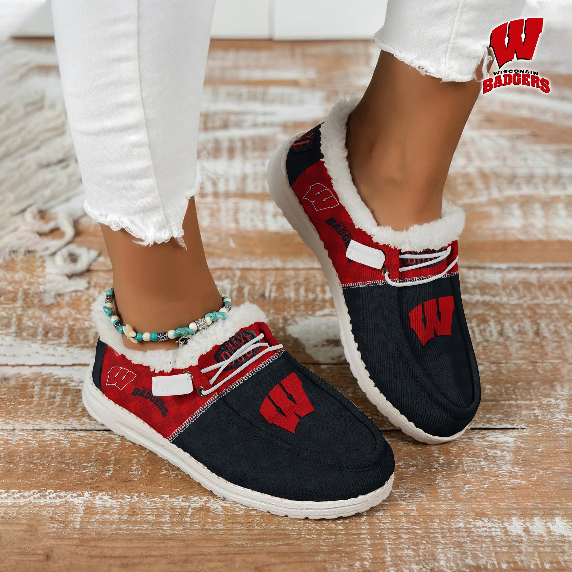 Wisconsin Badgers Football Hey Dude With Warm Fur Lining Shoes Custom Your Name 2024 version, Sport Shoes For Fan, Fan Gifts EHIVM-61674