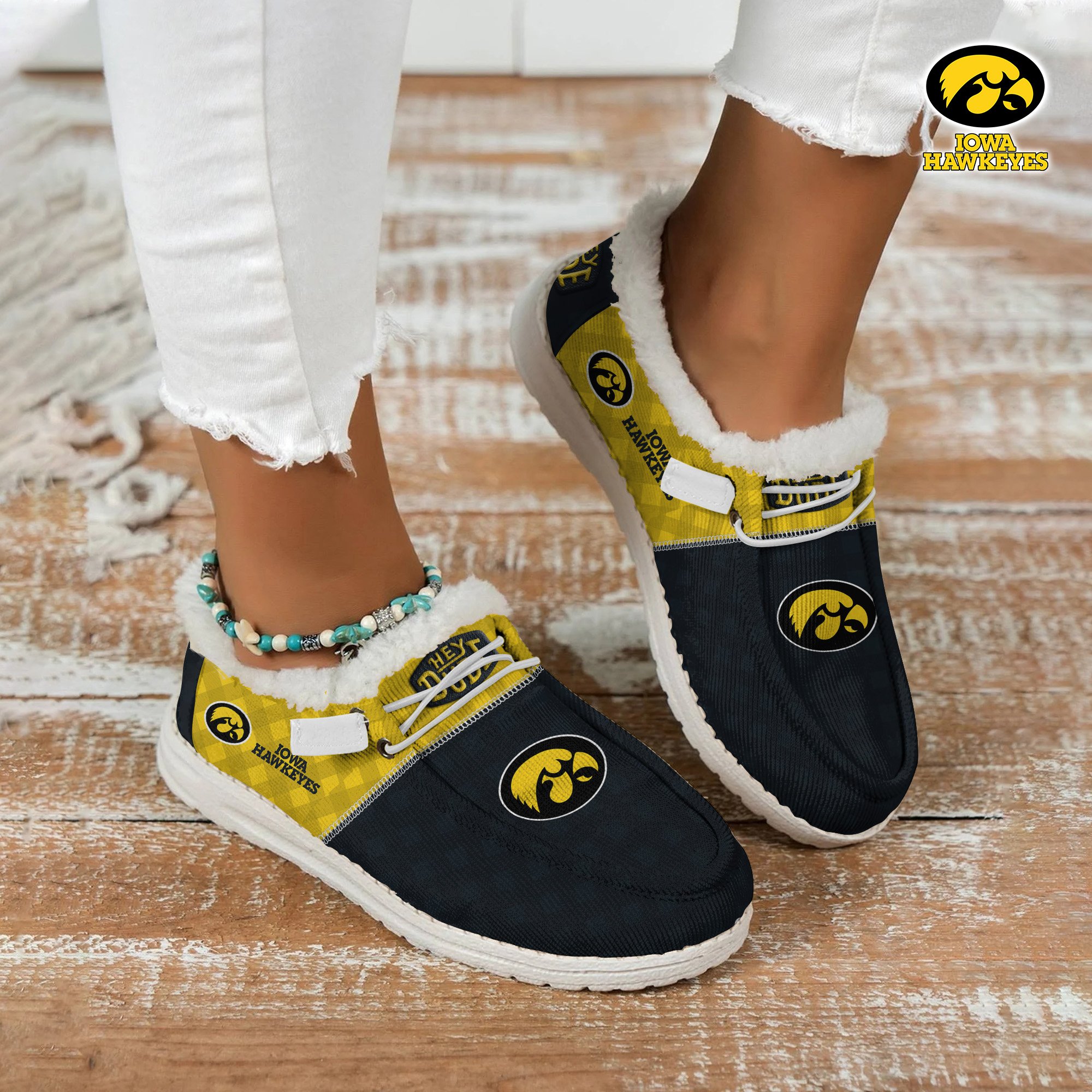 Iowa Hawkeyes Football Hey Dude With Warm Fur Lining Shoes Custom Your Name 2024 version, Sport Shoes For Fan, Fan Gifts EHIVM-61674