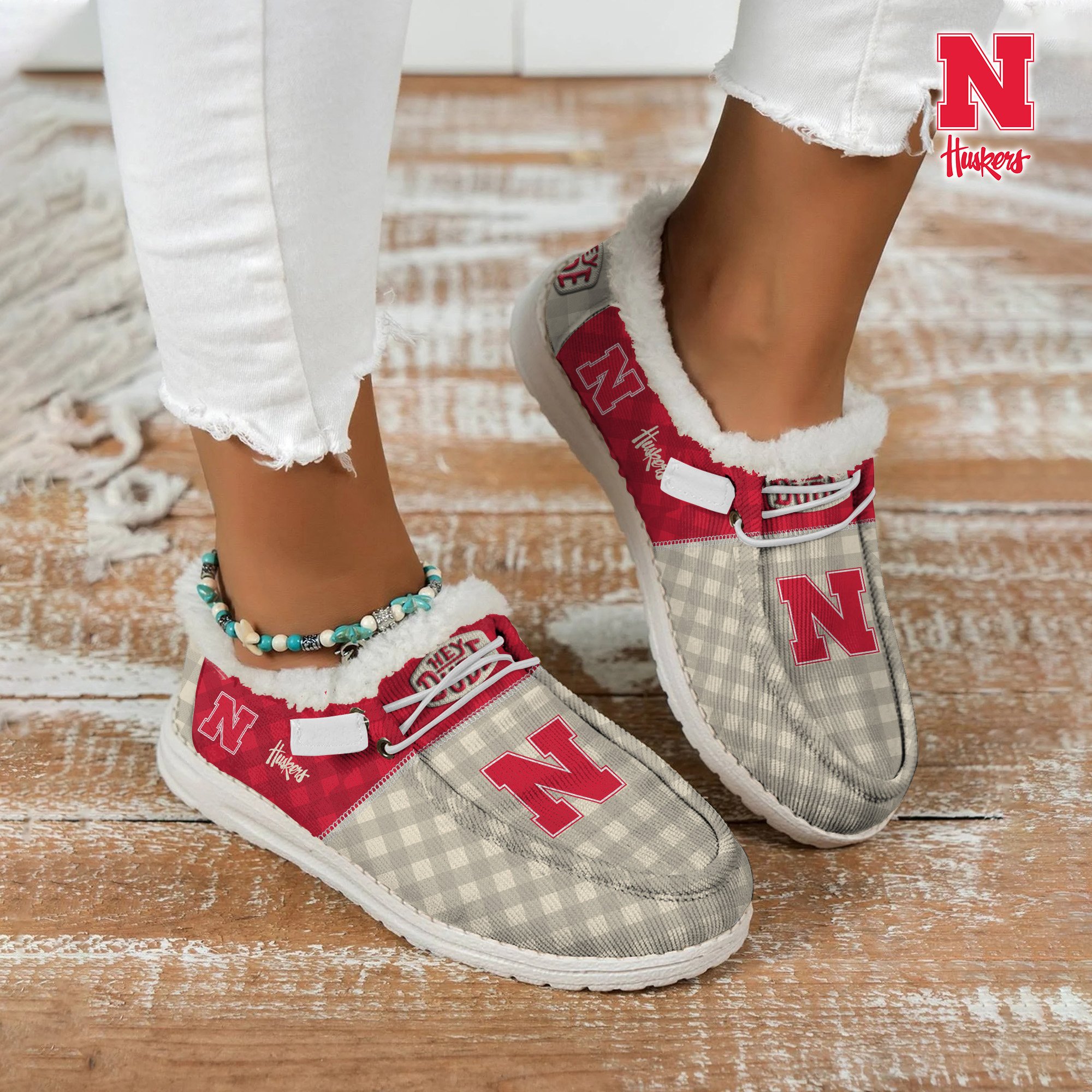 Nebraska Cornhuskers Football Hey Dude With Warm Fur Lining Shoes Custom Your Name 2024 version, Sport Shoes For Fan, Fan Gifts EHIVM-61674