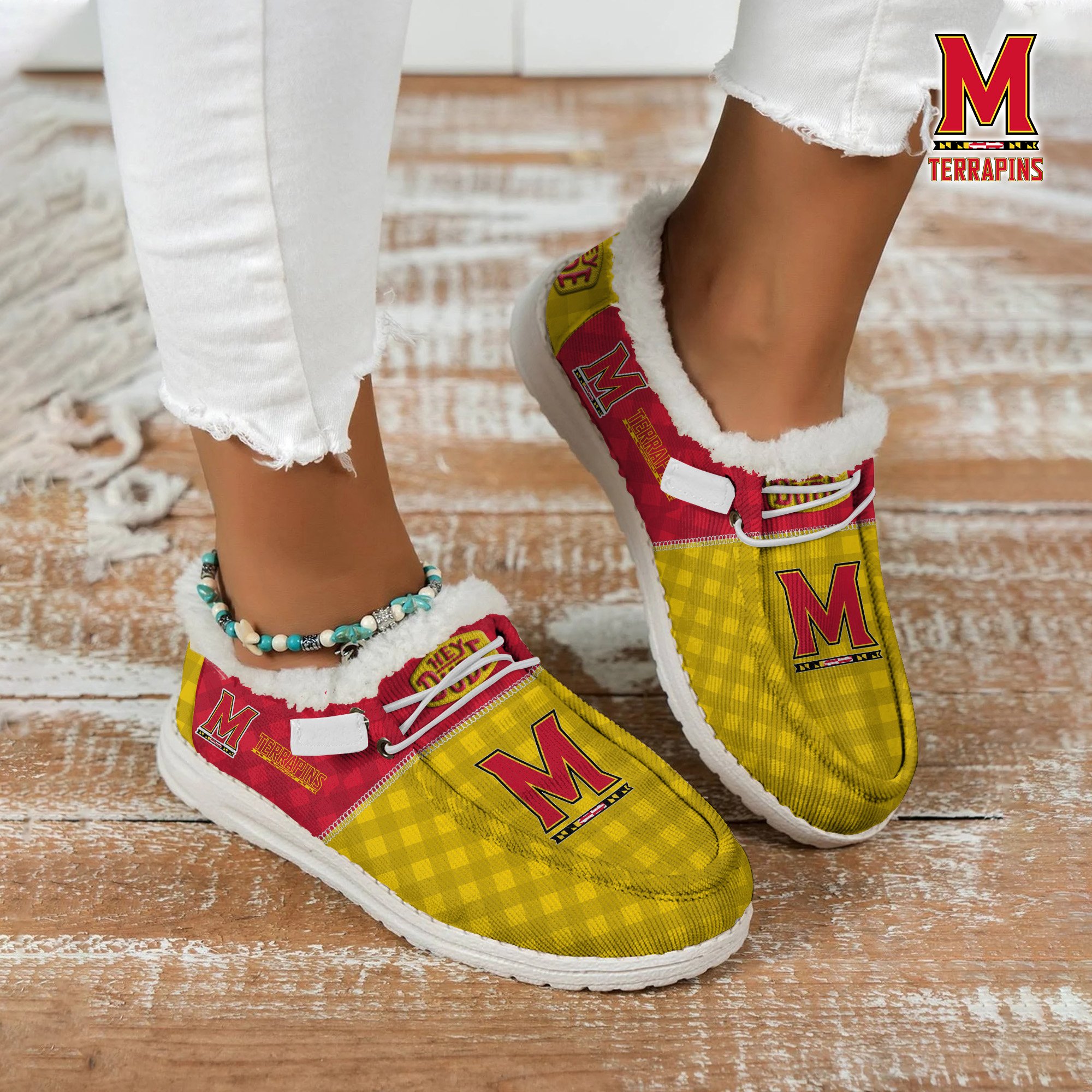 Maryland Terrapins Football Hey Dude With Warm Fur Lining Shoes Custom Your Name 2024 version, Sport Shoes For Fan, Fan Gifts EHIVM-61674