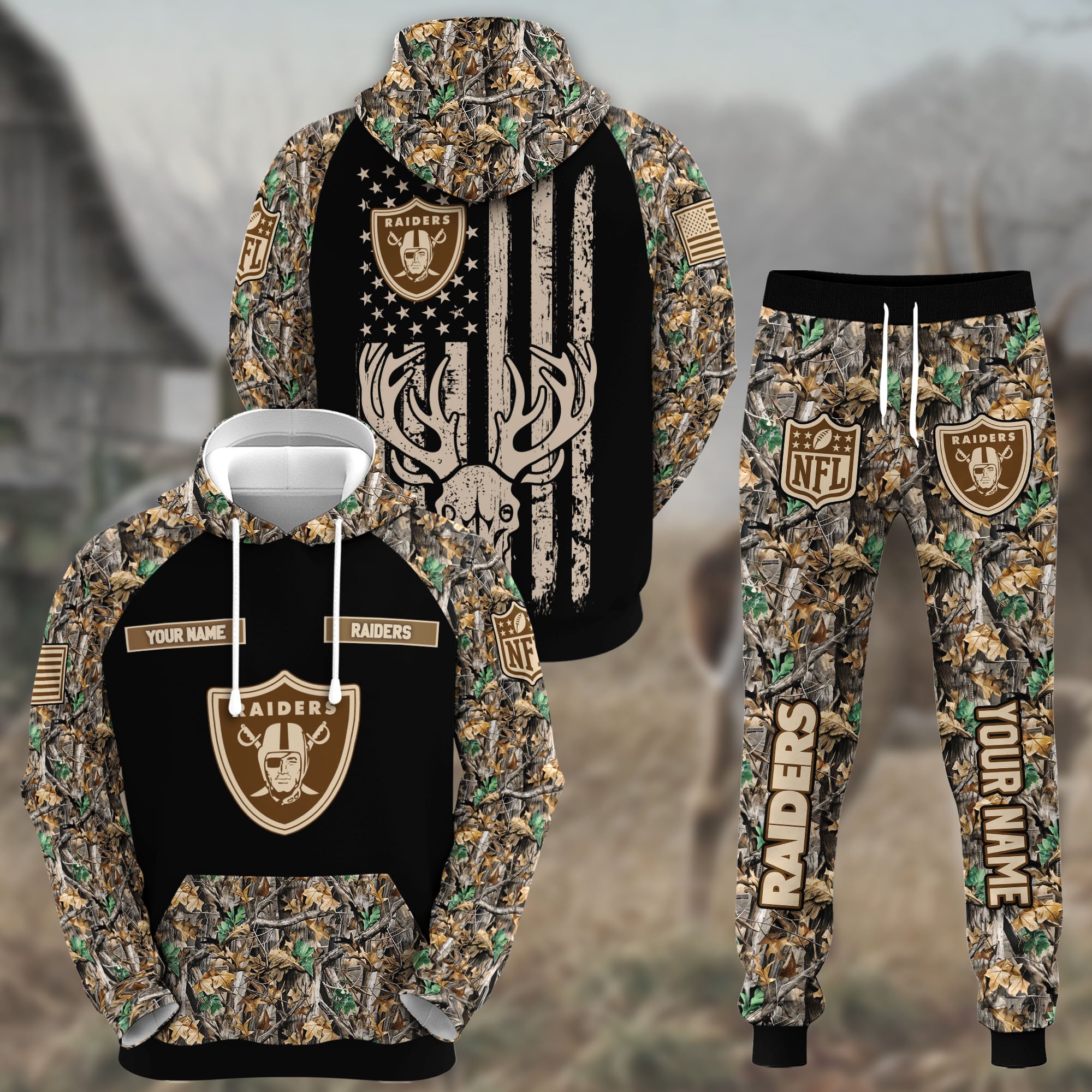 Las Vegas Raiders Hunting Hoodie And Sweatpants Custom Your name , Sport Hoodie And Sweatpants, Sport Gifts For Fan EHIVM-62730