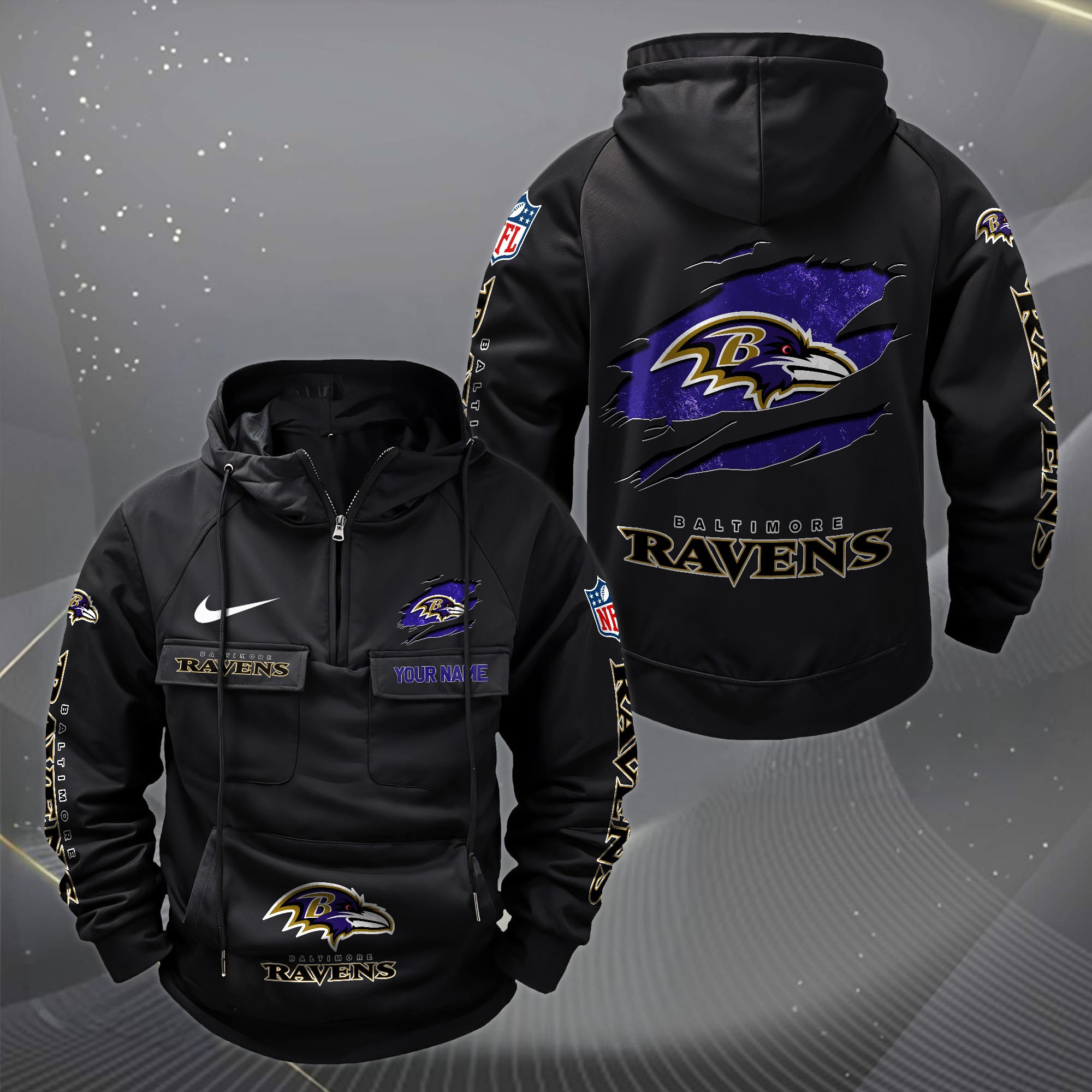 Baltimore Ravens Vintage Men Hoodie Custom Your Name,  Sport Hoodie, Sport Gifts For Fan EHIVM-62731