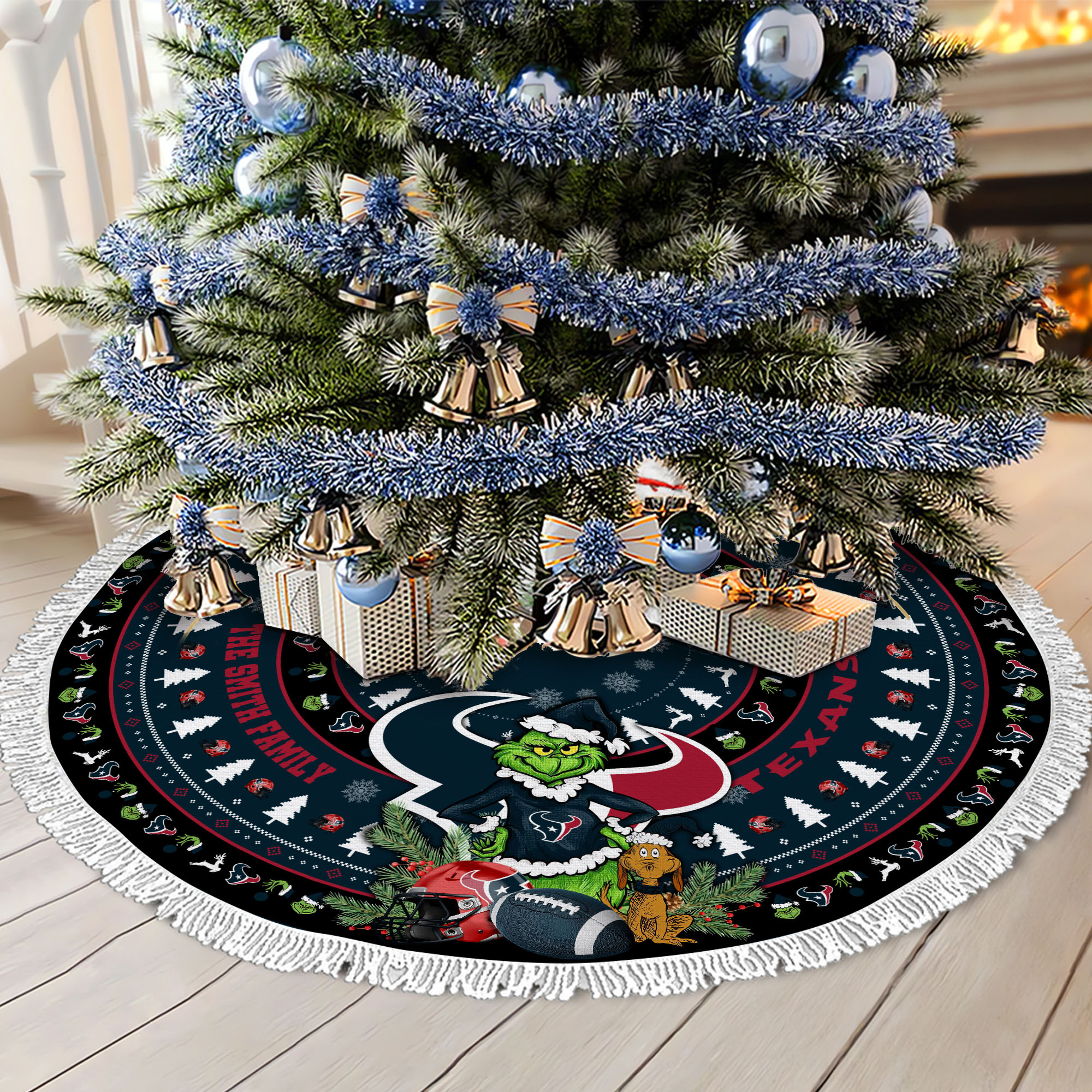 Houston Texans Tree Skirt Bordered Custom Family Name 2024 Version, Christmas Tree Skirt For Sport Fans, Christmas Decorations EHIVM-62734