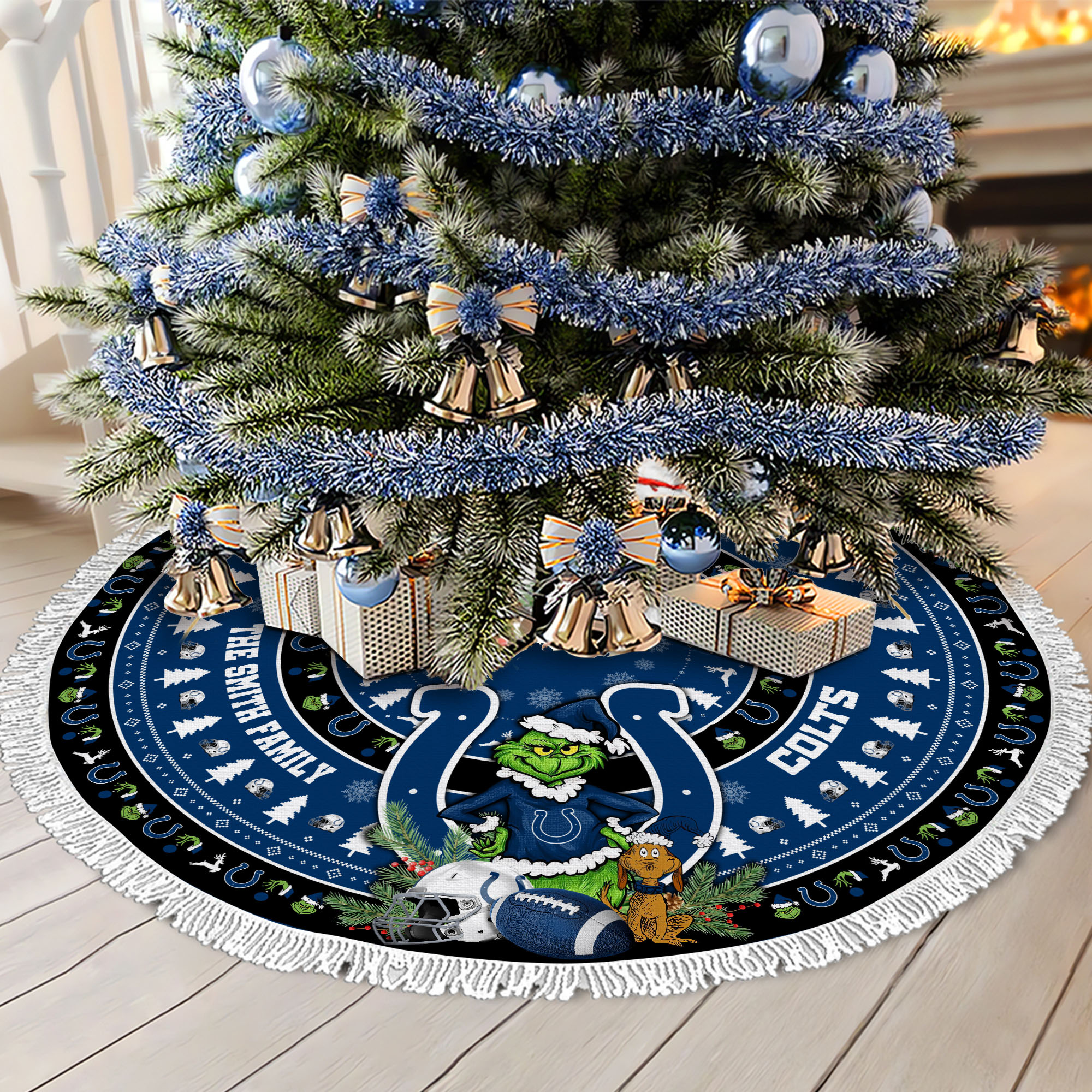 Indianapolis Colts Tree Skirt Bordered Custom Family Name 2024 Version, Christmas Tree Skirt For Sport Fans, Christmas Decorations EHIVM-62734