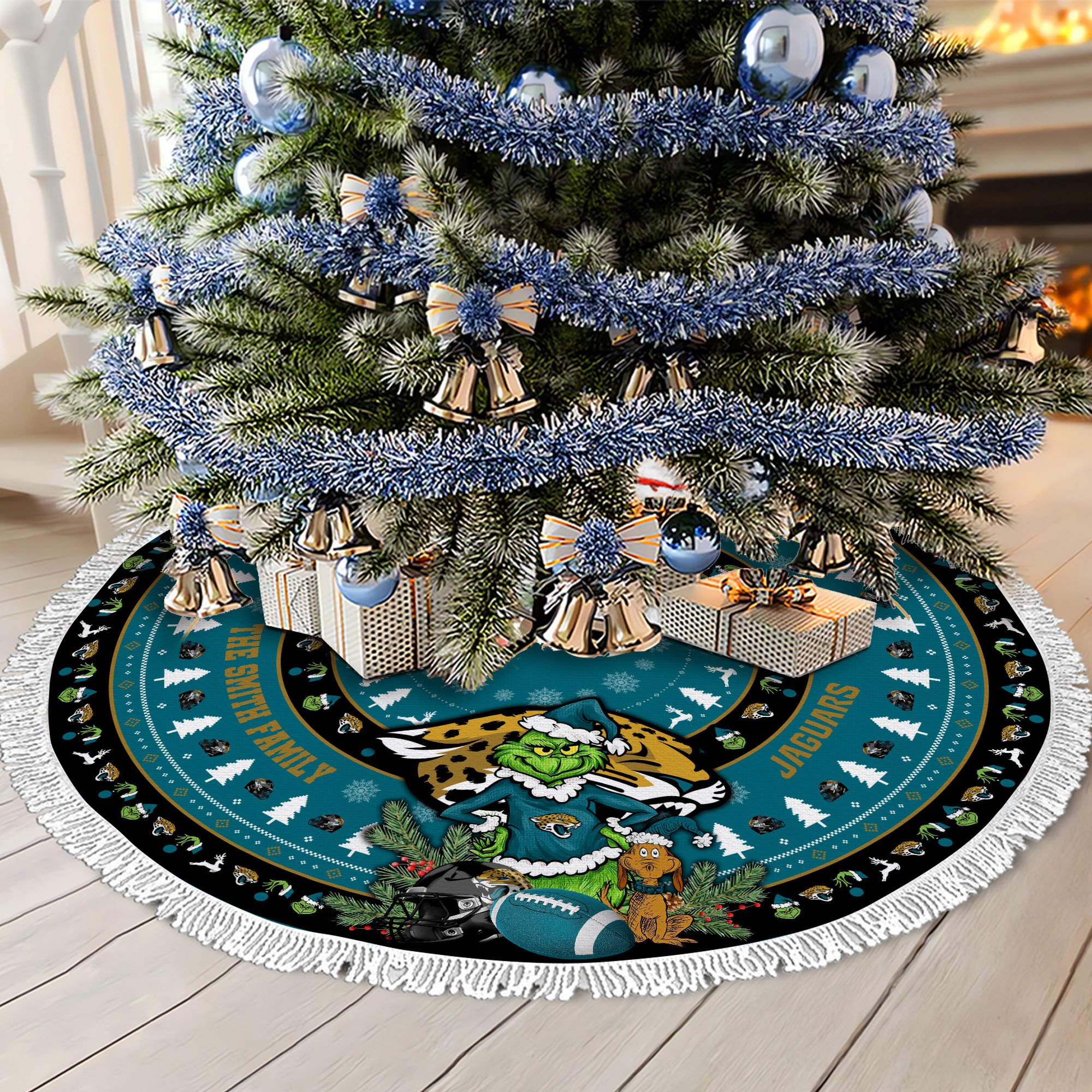 Jacksonville Jaguars Tree Skirt Bordered Custom Family Name 2024 Version, Christmas Tree Skirt For Sport Fans, Christmas Decorations EHIVM-62734