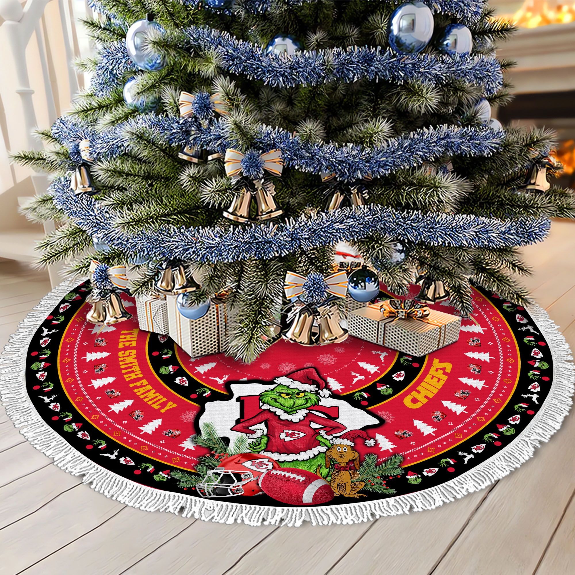 Kansas City Chiefs Tree Skirt Bordered Custom Family Name 2024 Version, Christmas Tree Skirt For Sport Fans, Christmas Decorations EHIVM-62734