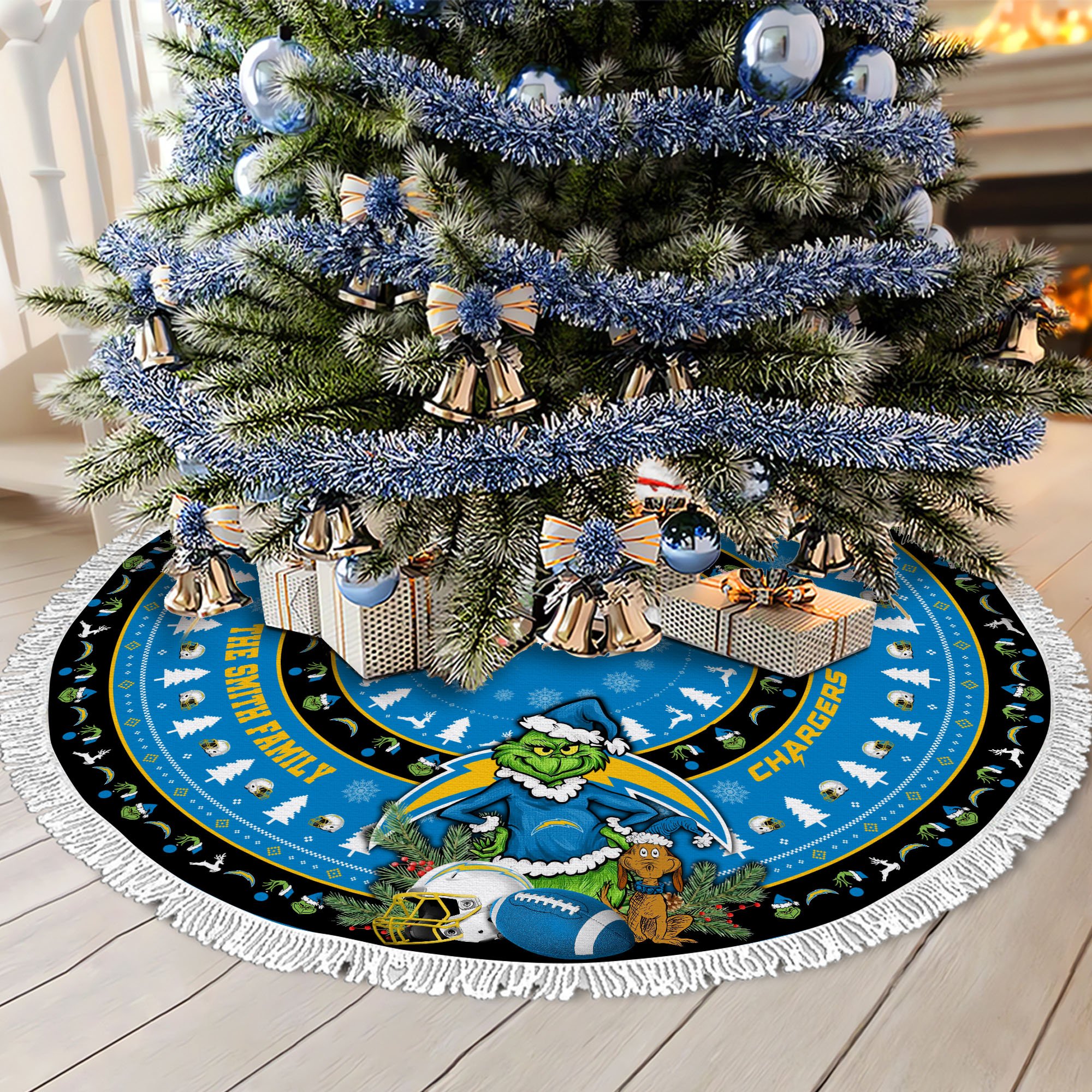 Los Angeles Chargers Tree Skirt Bordered Custom Family Name 2024 Version, Christmas Tree Skirt For Sport Fans, Christmas Decorations EHIVM-62734