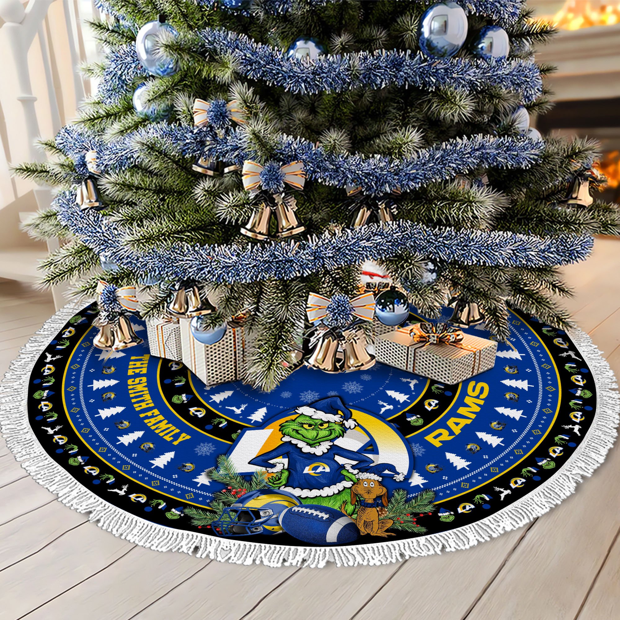 Los Angeles Rams Tree Skirt Bordered Custom Family Name 2024 Version, Christmas Tree Skirt For Sport Fans, Christmas Decorations EHIVM-62734