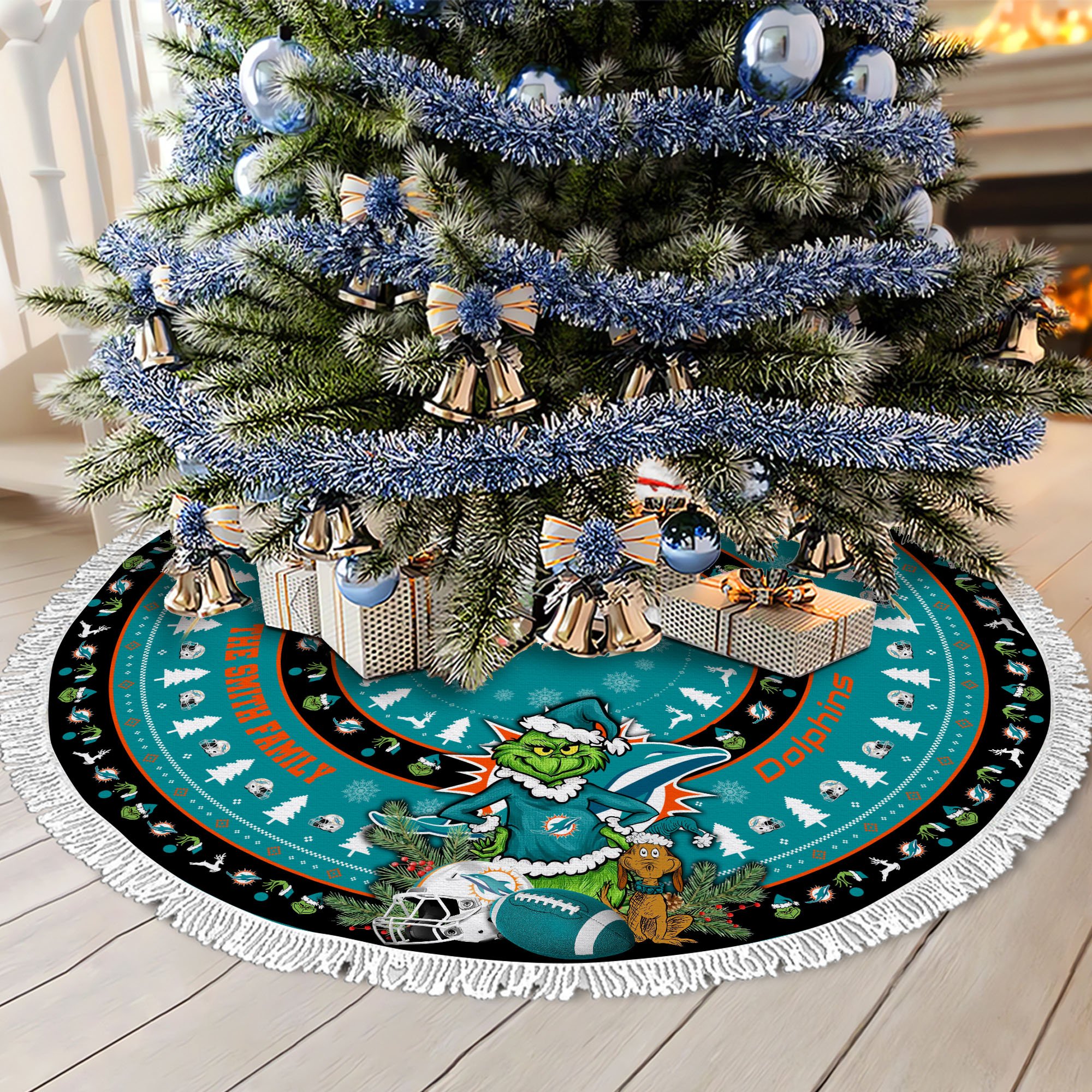 Miami Dolphins Tree Skirt Bordered Custom Family Name 2024 Version, Christmas Tree Skirt For Sport Fans, Christmas Decorations EHIVM-62734