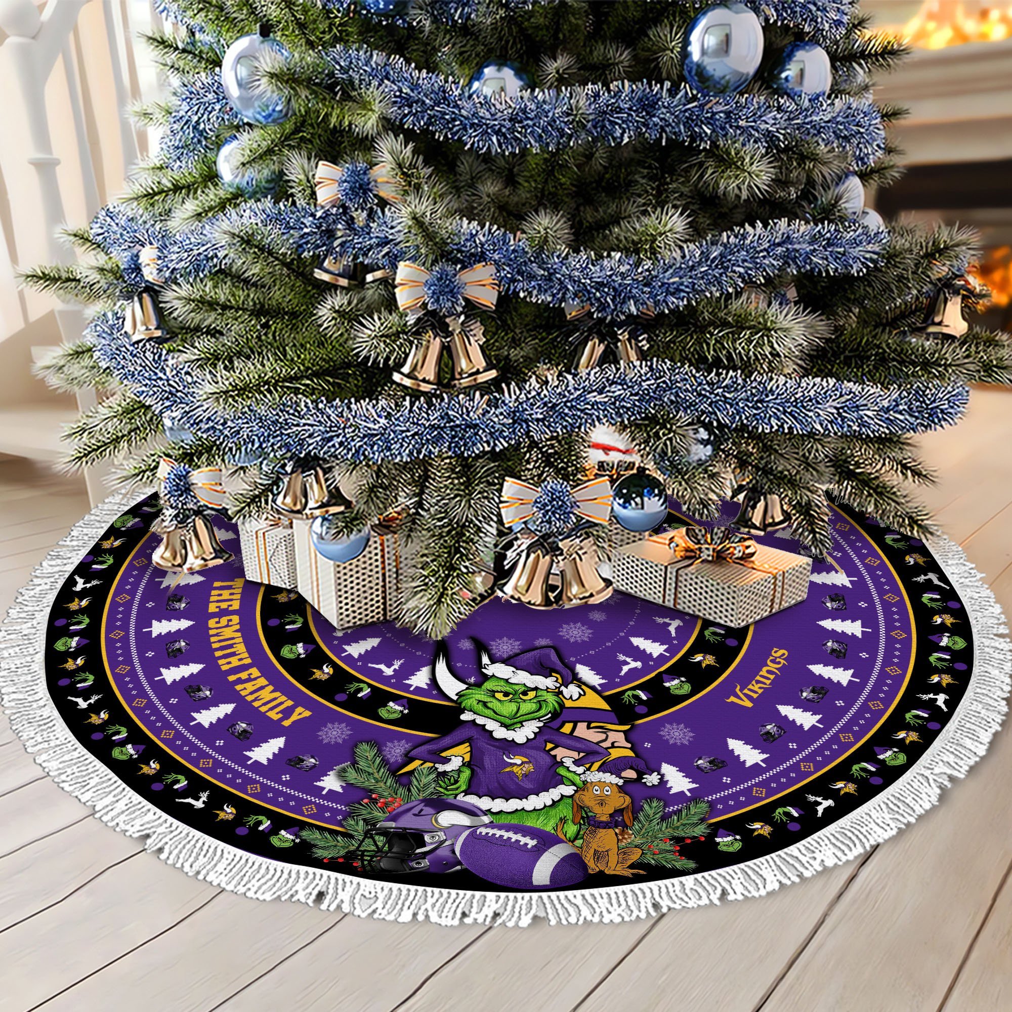 Minnesota Vikings Tree Skirt Bordered Custom Family Name 2024 Version, Christmas Tree Skirt For Sport Fans, Christmas Decorations EHIVM-62734