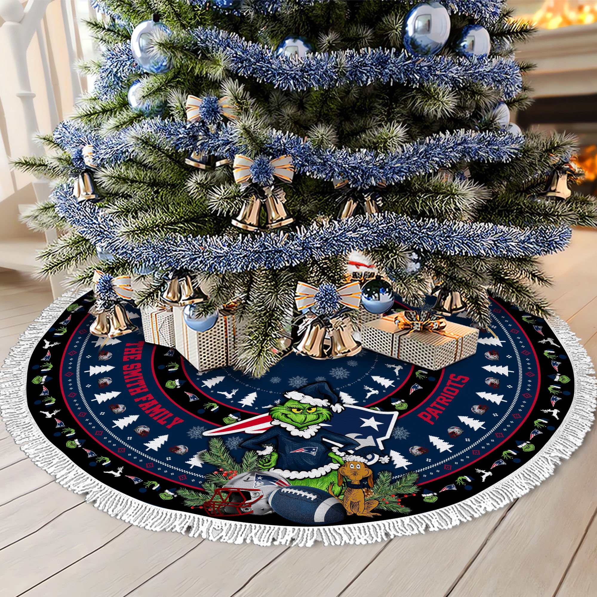 New England Patriots Tree Skirt Bordered Custom Family Name 2024 Version, Christmas Tree Skirt For Sport Fans, Christmas Decorations EHIVM-62734