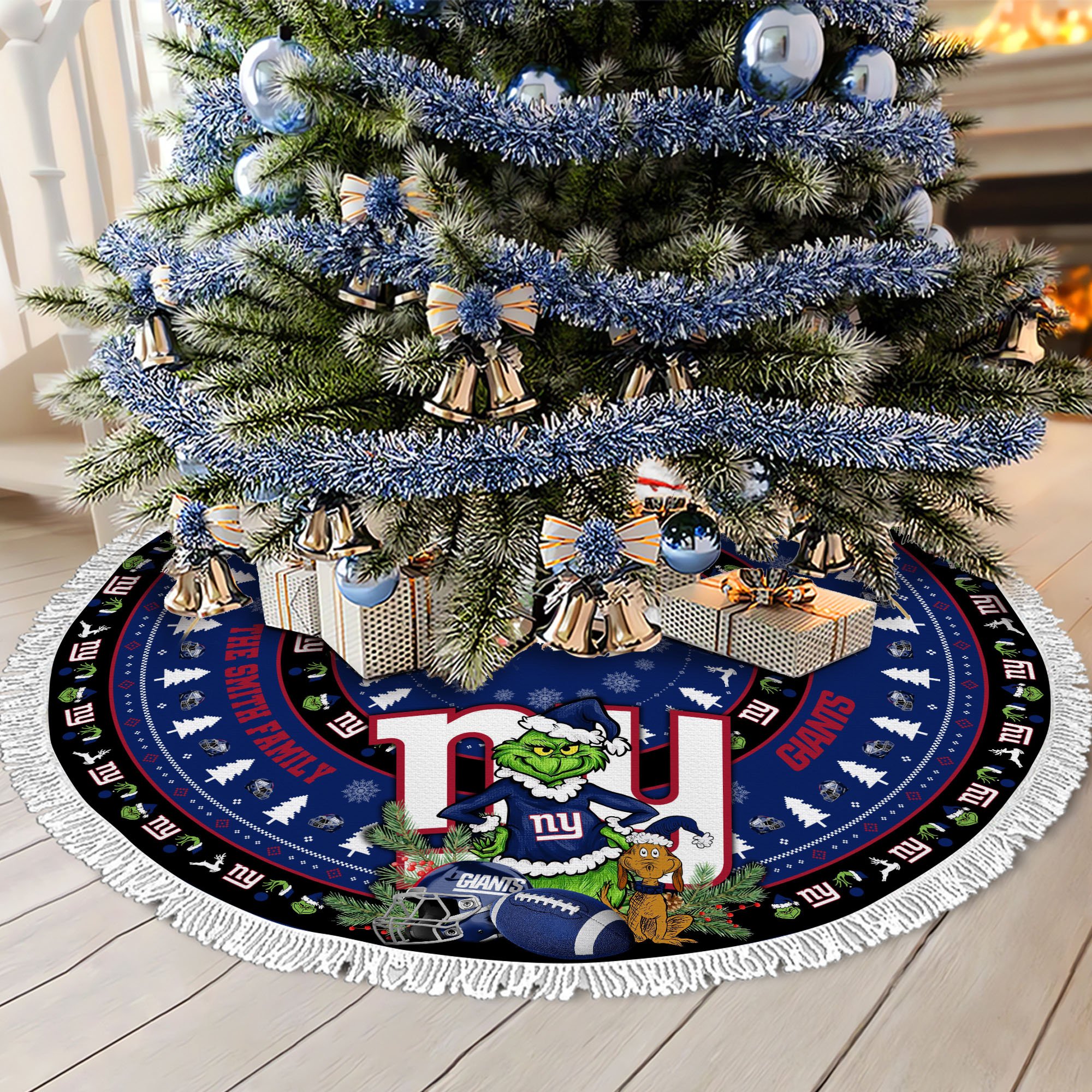 New York Giants Tree Skirt Bordered Custom Family Name 2024 Version, Christmas Tree Skirt For Sport Fans, Christmas Decorations EHIVM-62734