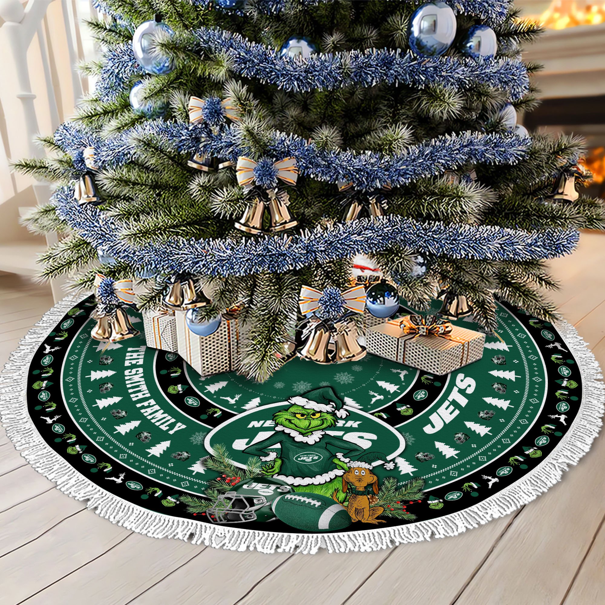 New York Jets Tree Skirt Bordered Custom Family Name 2024 Version, Christmas Tree Skirt For Sport Fans, Christmas Decorations EHIVM-62734