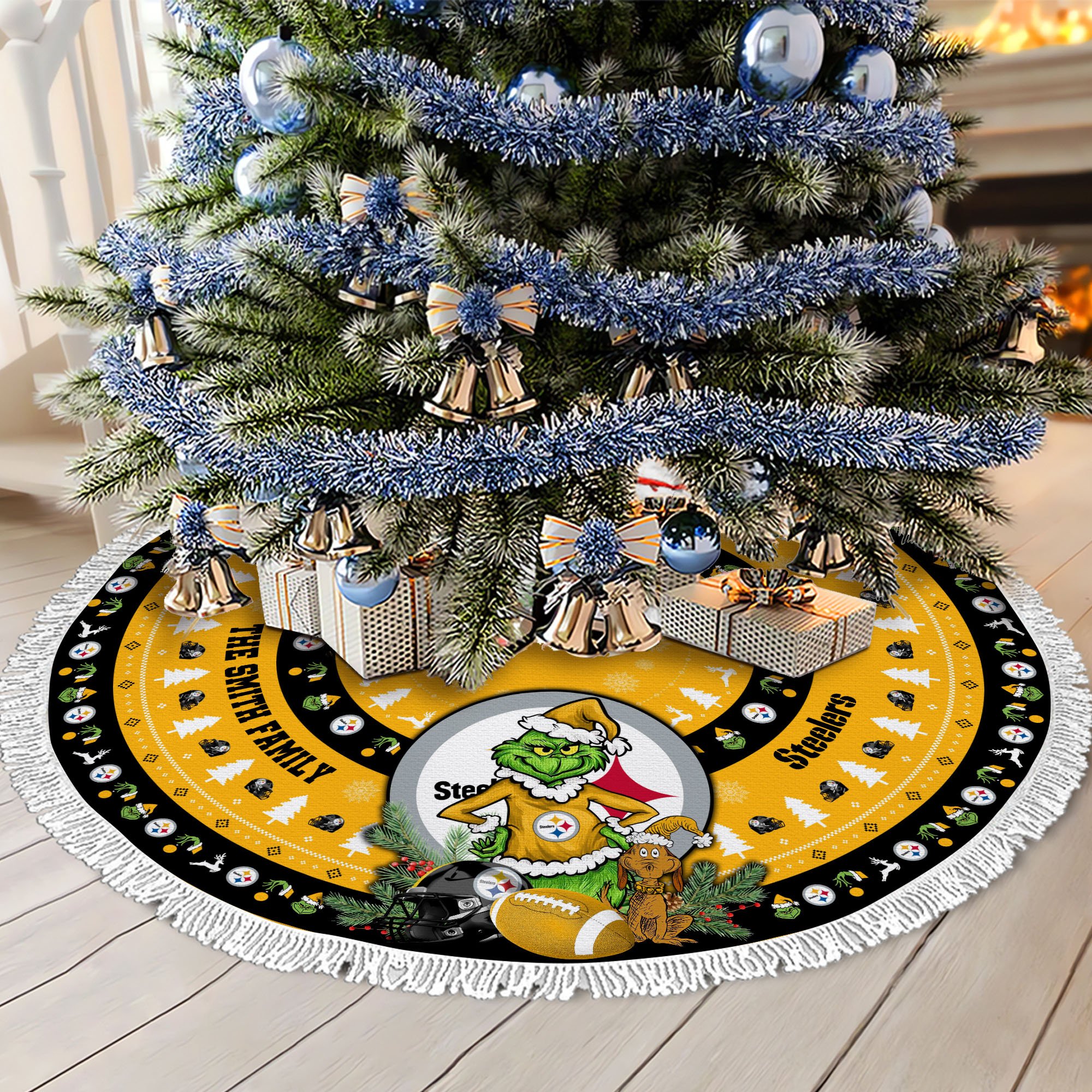 Pittsburgh Steelers Tree Skirt Bordered Custom Family Name 2024 Version, Christmas Tree Skirt For Sport Fans, Christmas Decorations EHIVM-62734